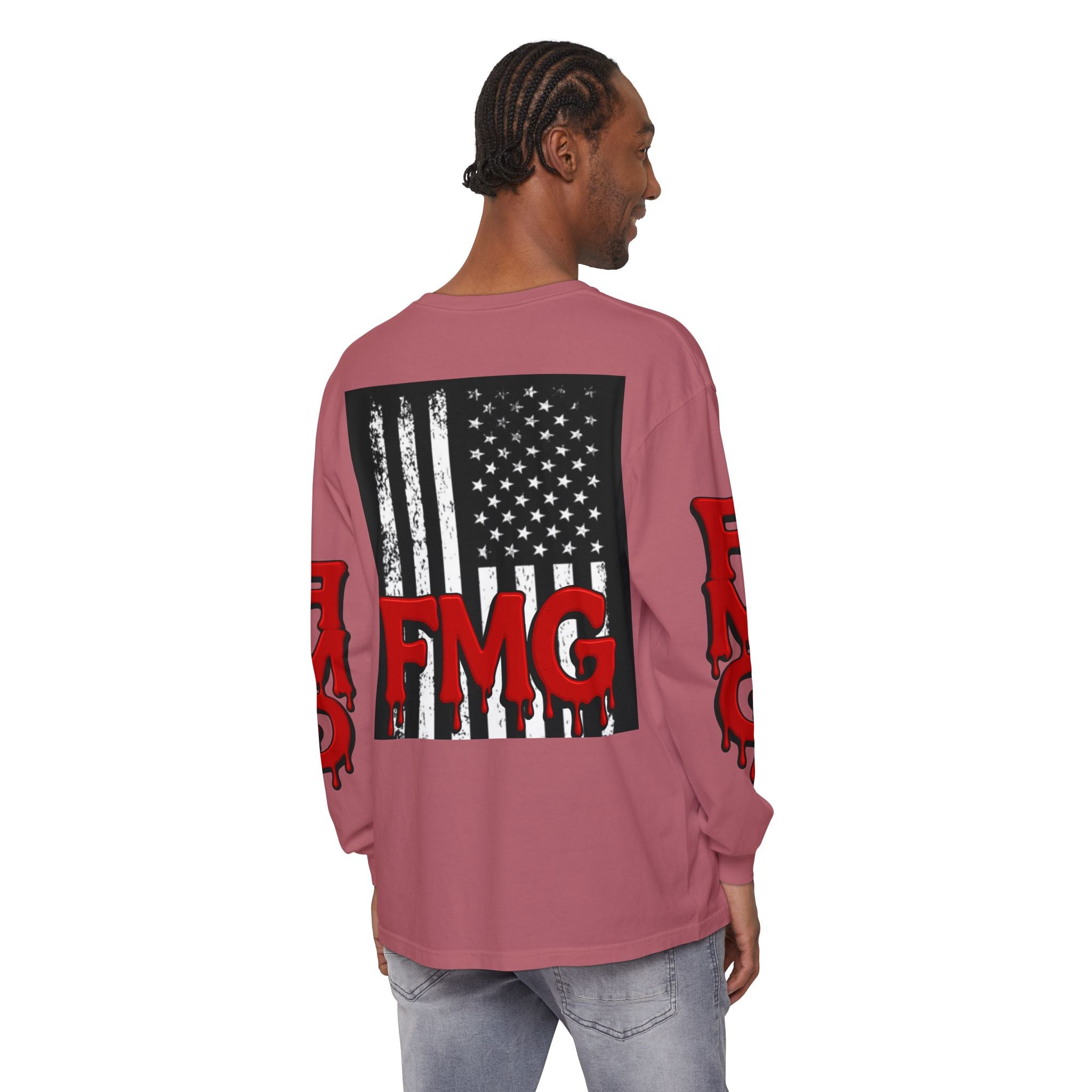Long Sleeve T-Shirt — Distressed American Flag with Dripping "FMG" Sleeves