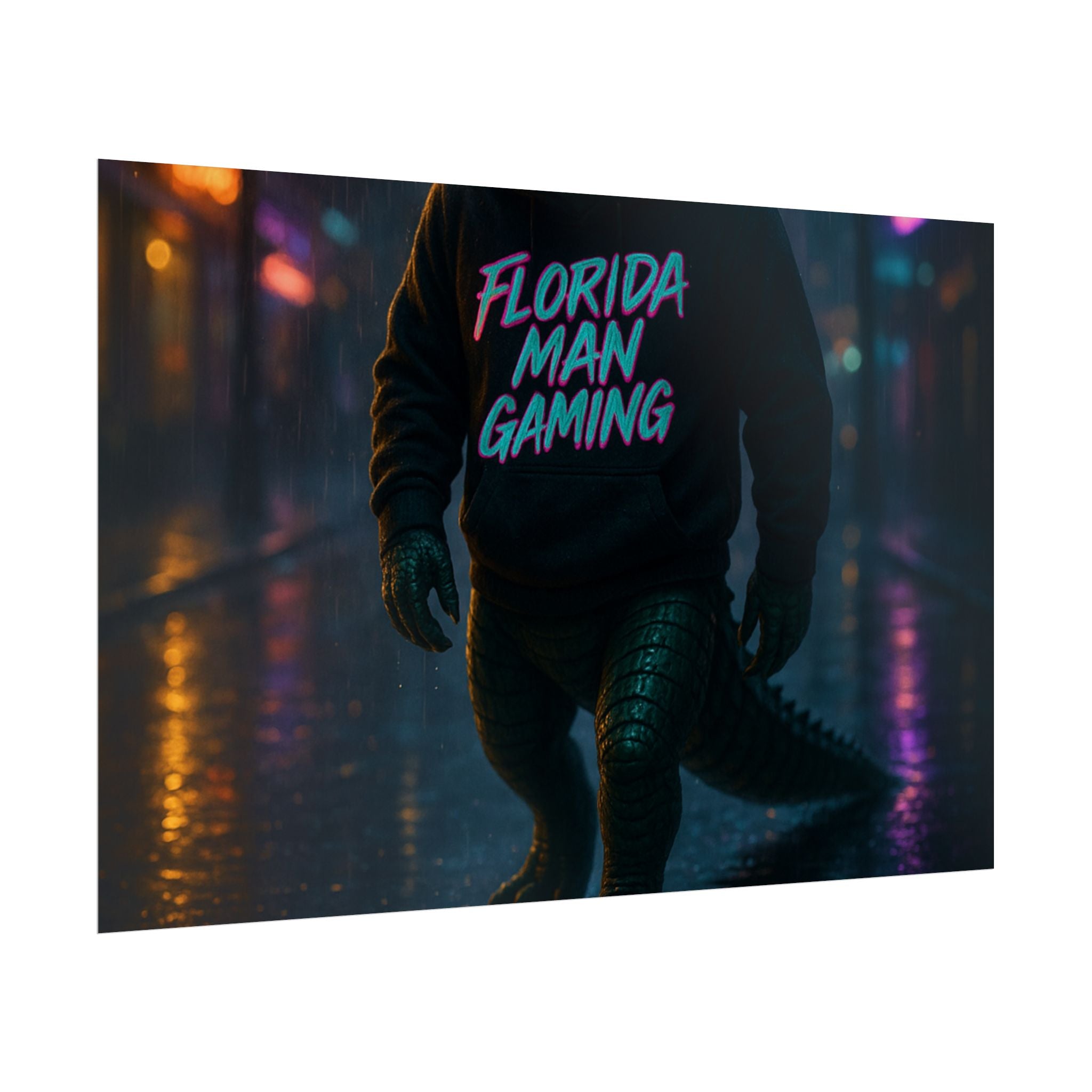 Rolled Posters - Florida Man Gaming Alligator Neon Cyberpunk Scene