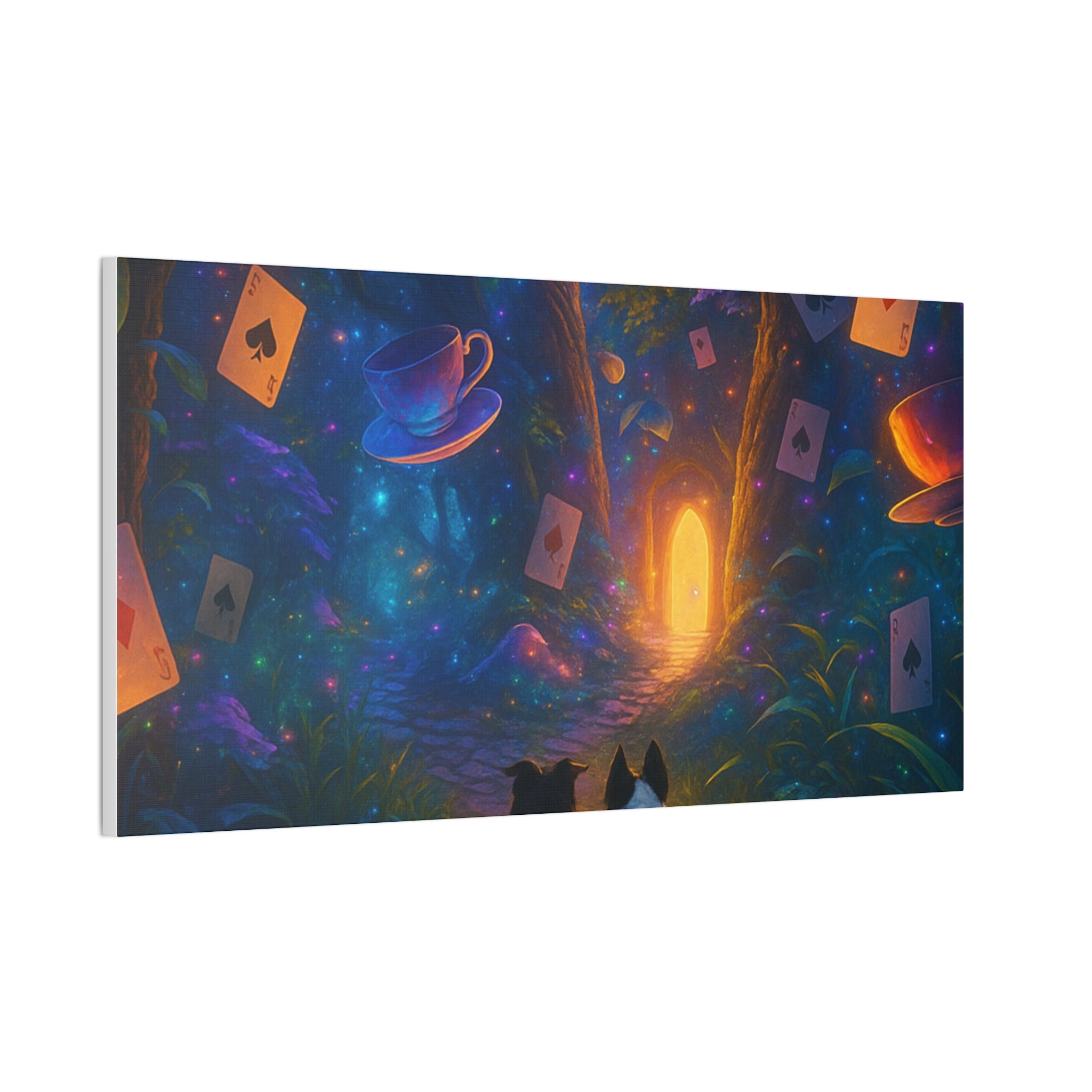 Magic Forest Canvas Wall Art — Dogs Exploring Wonderland with Glowing Door & Floating Playing Cards