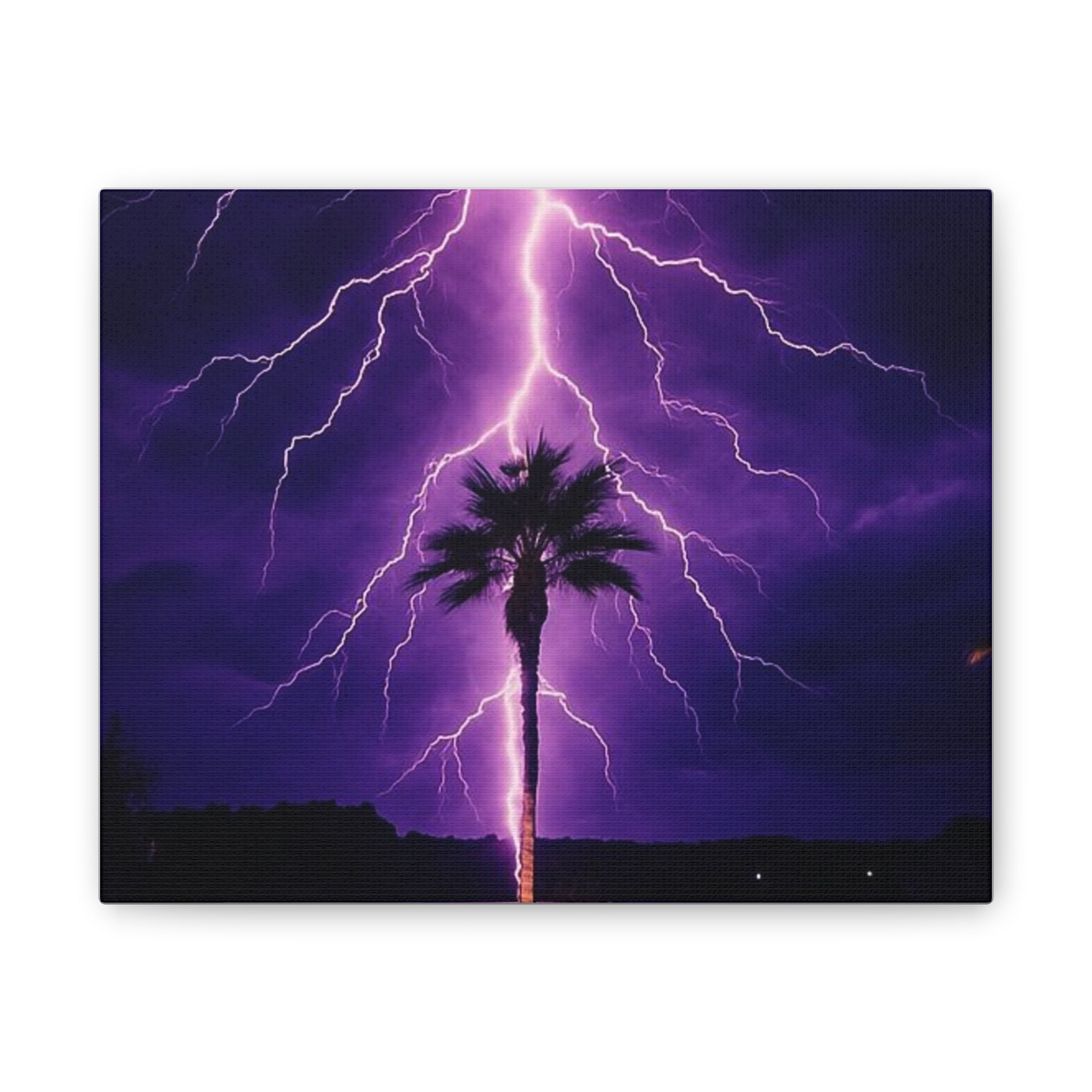 Purple Lightning Palm Tree Canvas Wall Art — Storm Photography Stretched Canvas