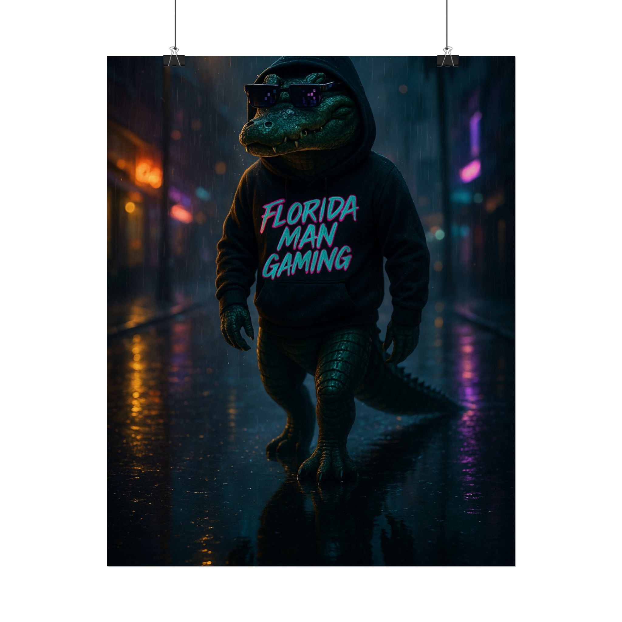 Rolled Posters - Florida Man Gaming Alligator Neon Cyberpunk Scene