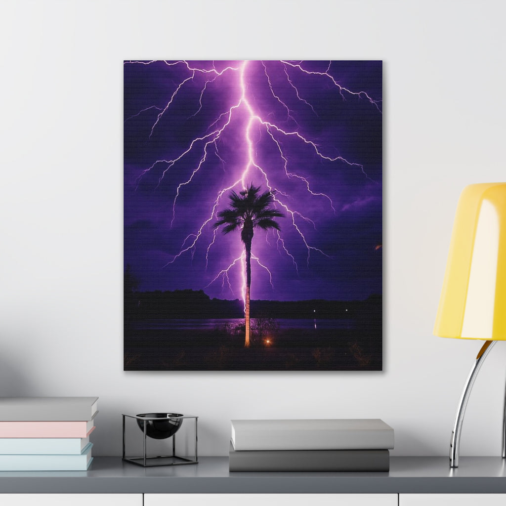 Purple Lightning Palm Tree Canvas Wall Art — Storm Photography Stretched Canvas