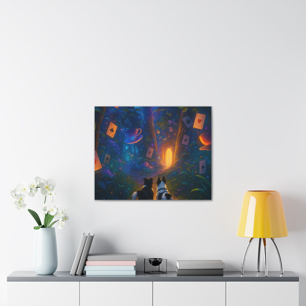 Magic Forest Canvas Wall Art — Dogs Exploring Wonderland with Glowing Door & Floating Playing Cards