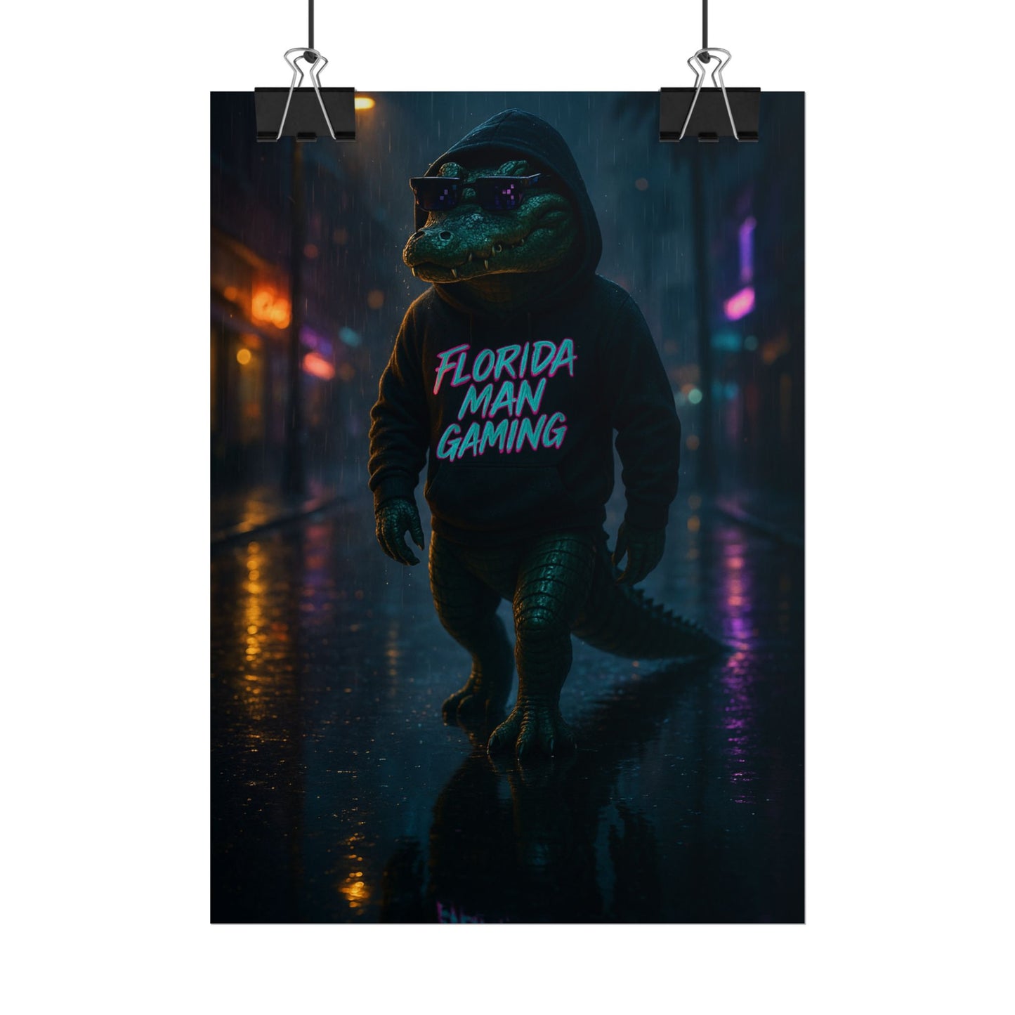 Rolled Posters - Florida Man Gaming Alligator Neon Cyberpunk Scene