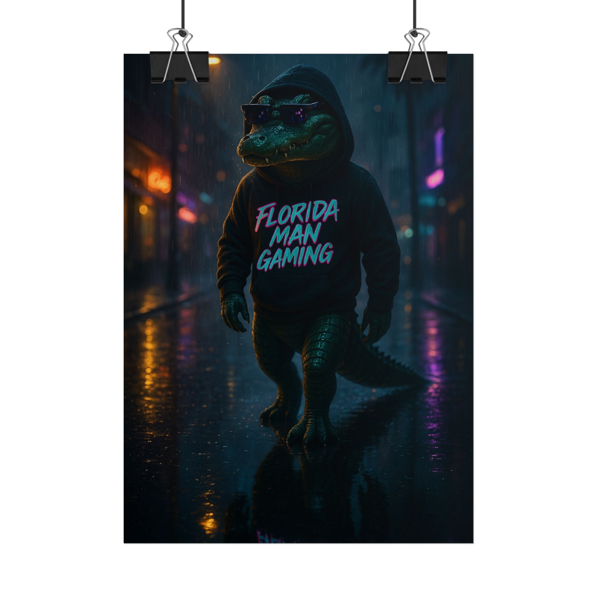 Rolled Posters - Florida Man Gaming Alligator Neon Cyberpunk Scene