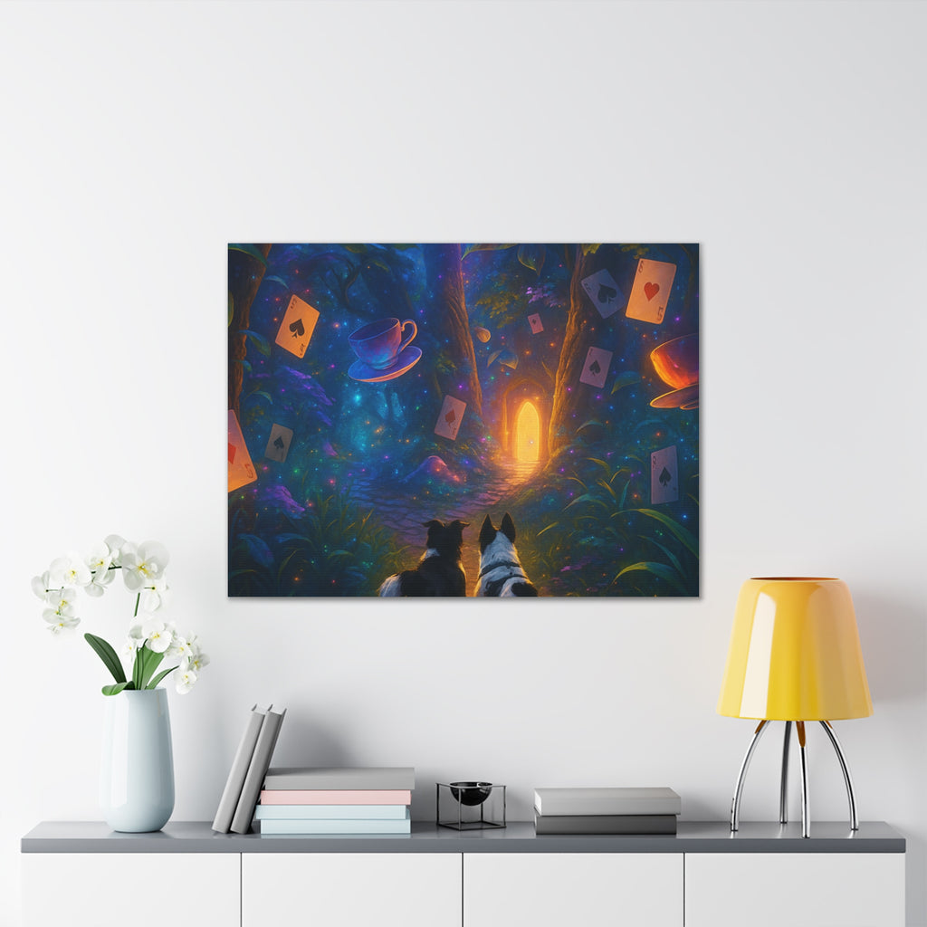 Magic Forest Canvas Wall Art — Dogs Exploring Wonderland with Glowing Door & Floating Playing Cards