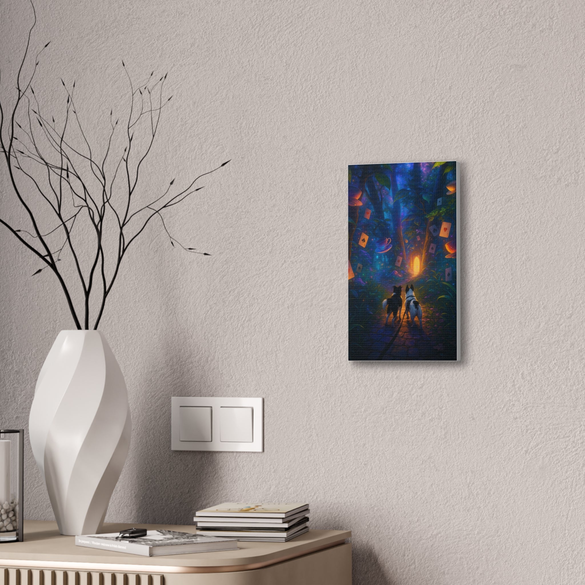 Magic Forest Canvas Wall Art — Dogs Exploring Wonderland with Glowing Door & Floating Playing Cards