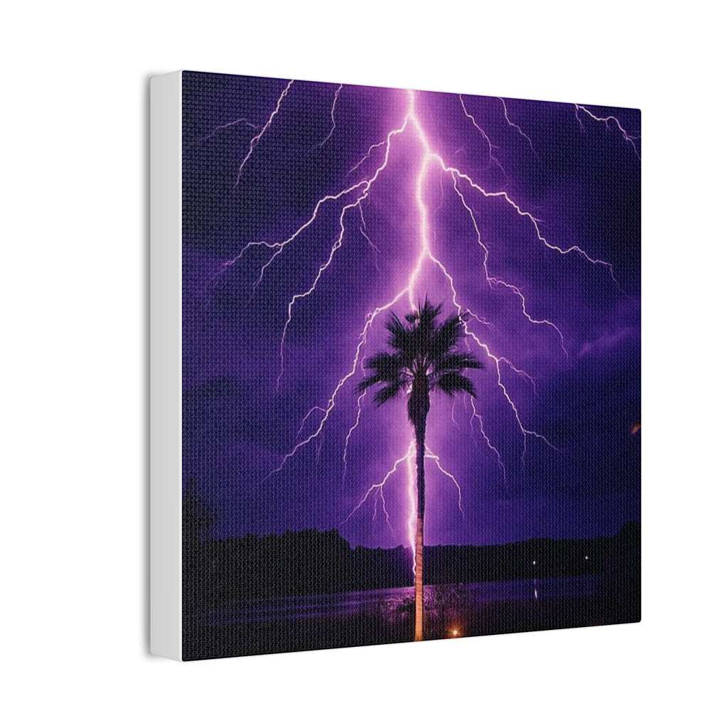 Purple Lightning Palm Tree Canvas Wall Art — Storm Photography Stretched Canvas
