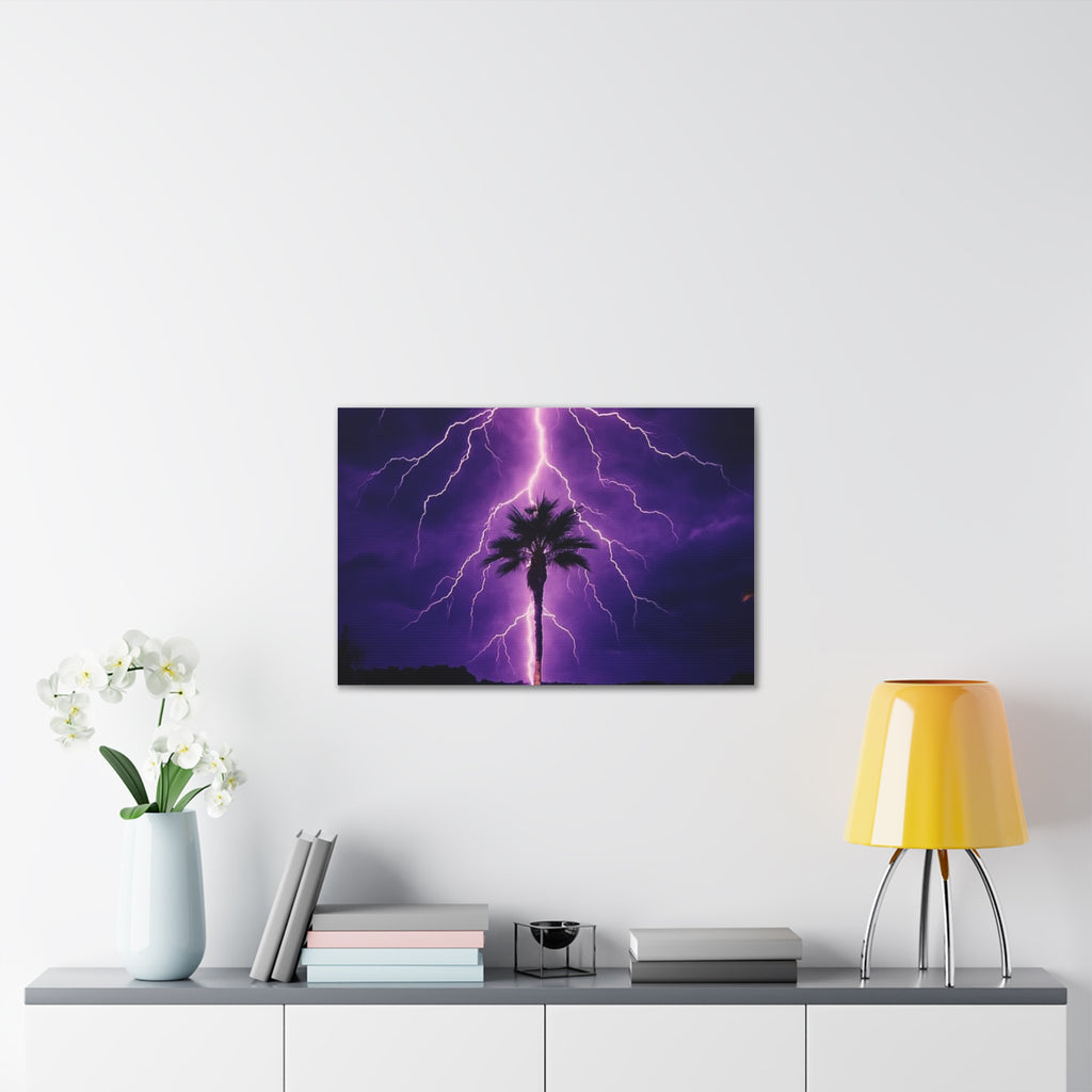 Purple Lightning Palm Tree Canvas Wall Art — Storm Photography Stretched Canvas