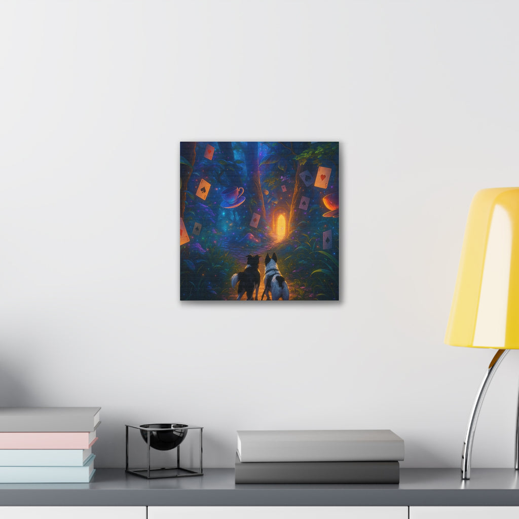 Magic Forest Canvas Wall Art — Dogs Exploring Wonderland with Glowing Door & Floating Playing Cards