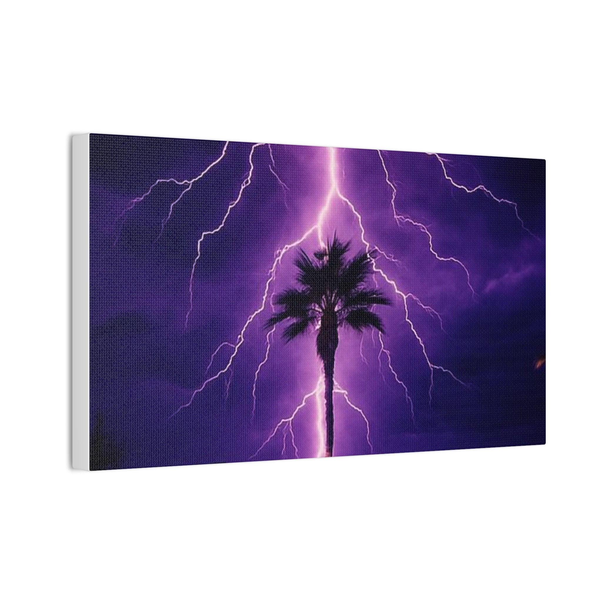 Purple Lightning Palm Tree Canvas Wall Art — Storm Photography Stretched Canvas