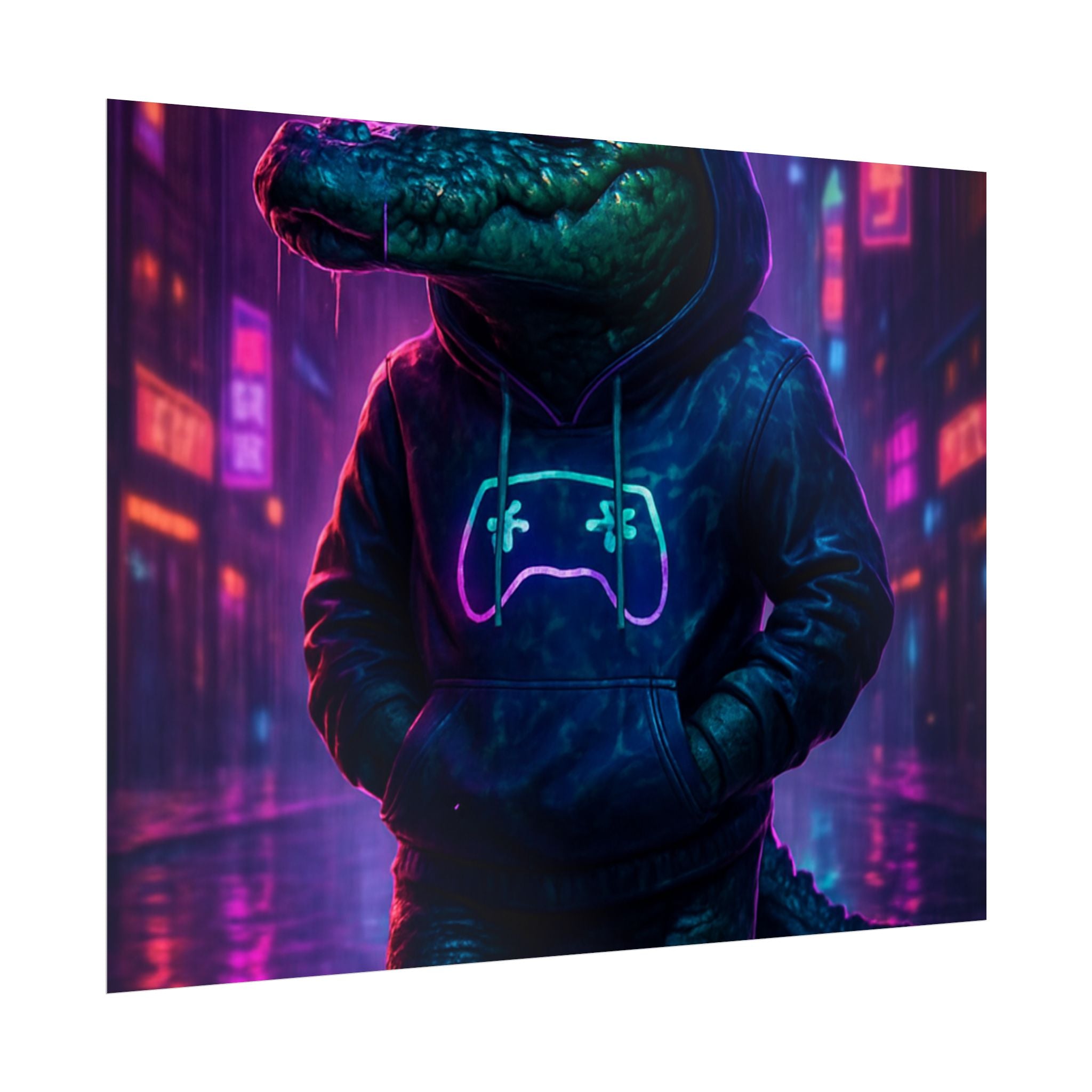 Rolled Posters - Florida Man Gaming Alligator Neon Gamer Hoodie Poster Print