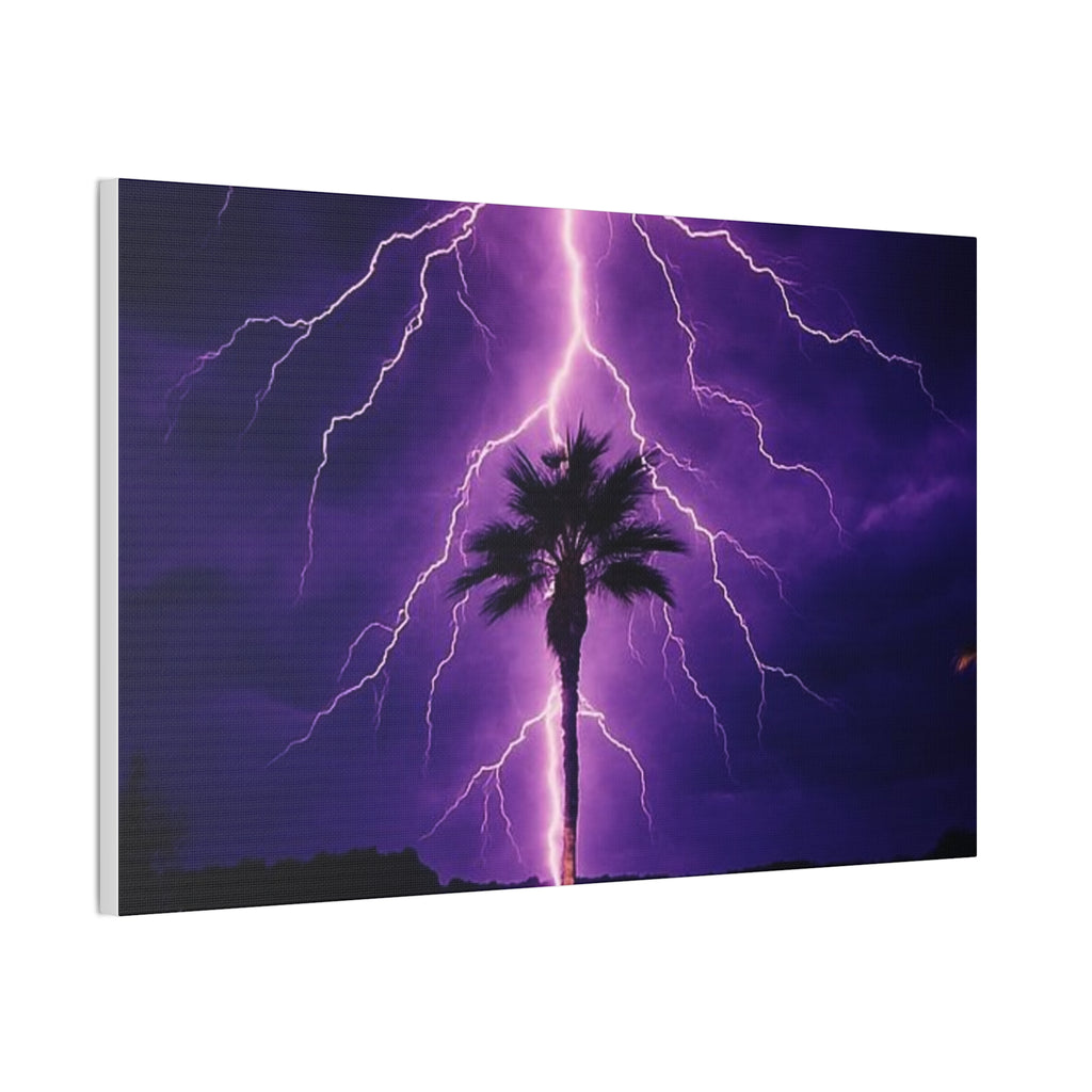 Purple Lightning Palm Tree Canvas Wall Art — Storm Photography Stretched Canvas