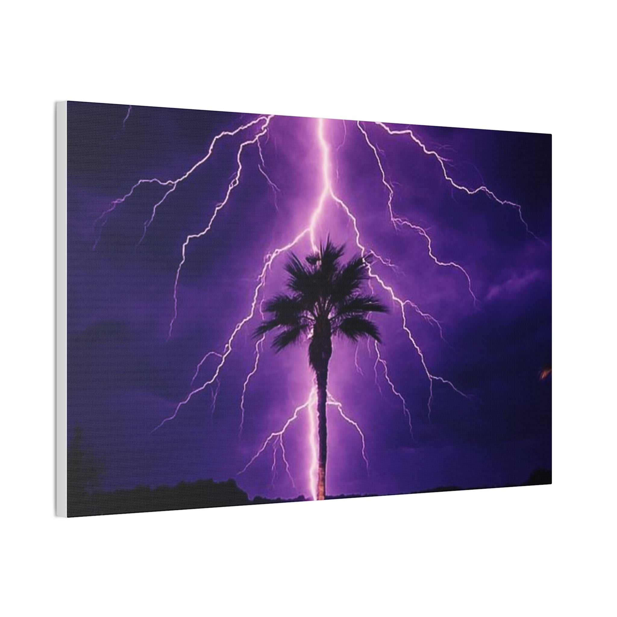 Purple Lightning Palm Tree Canvas Wall Art — Storm Photography Stretched Canvas