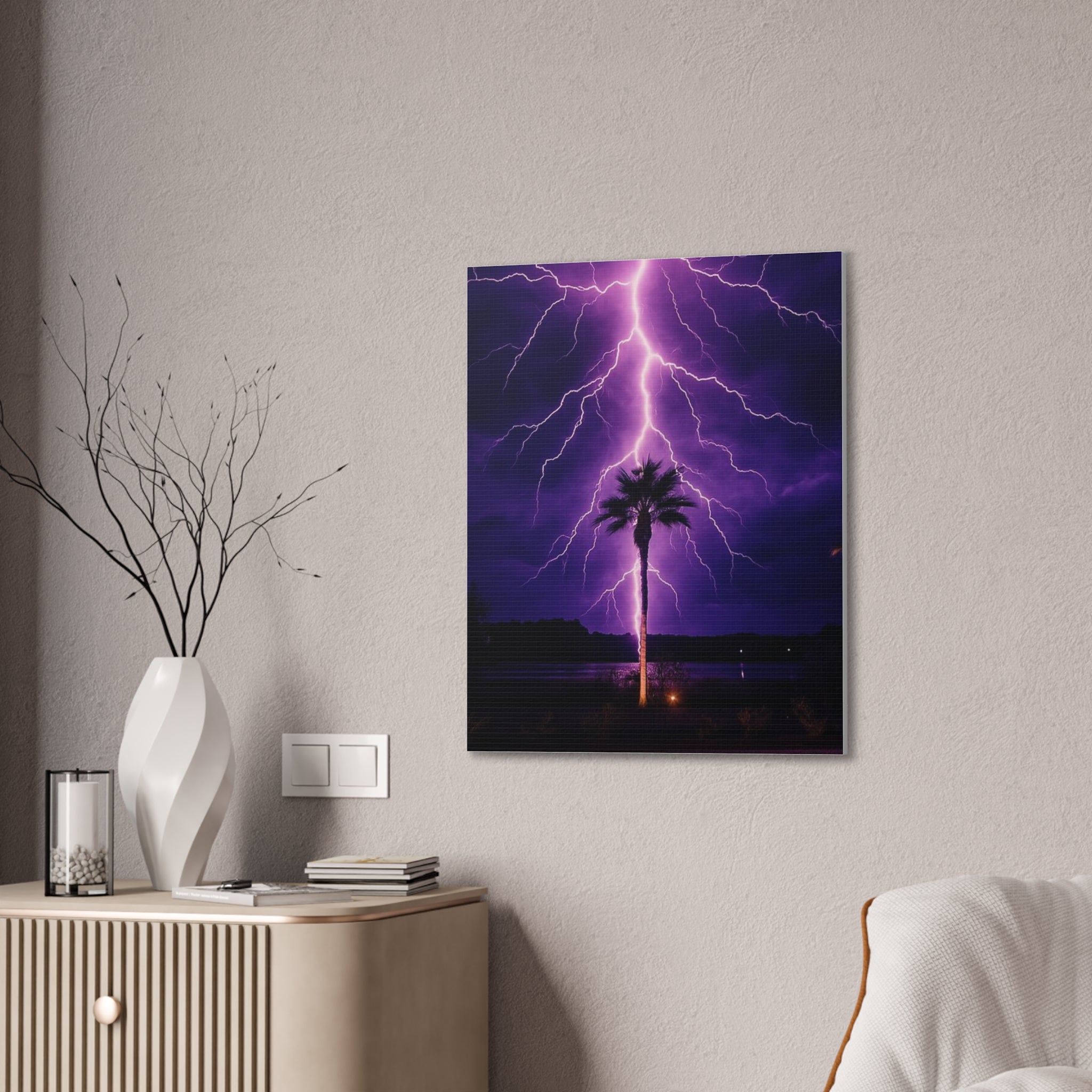 Purple Lightning Palm Tree Canvas Wall Art — Storm Photography Stretched Canvas