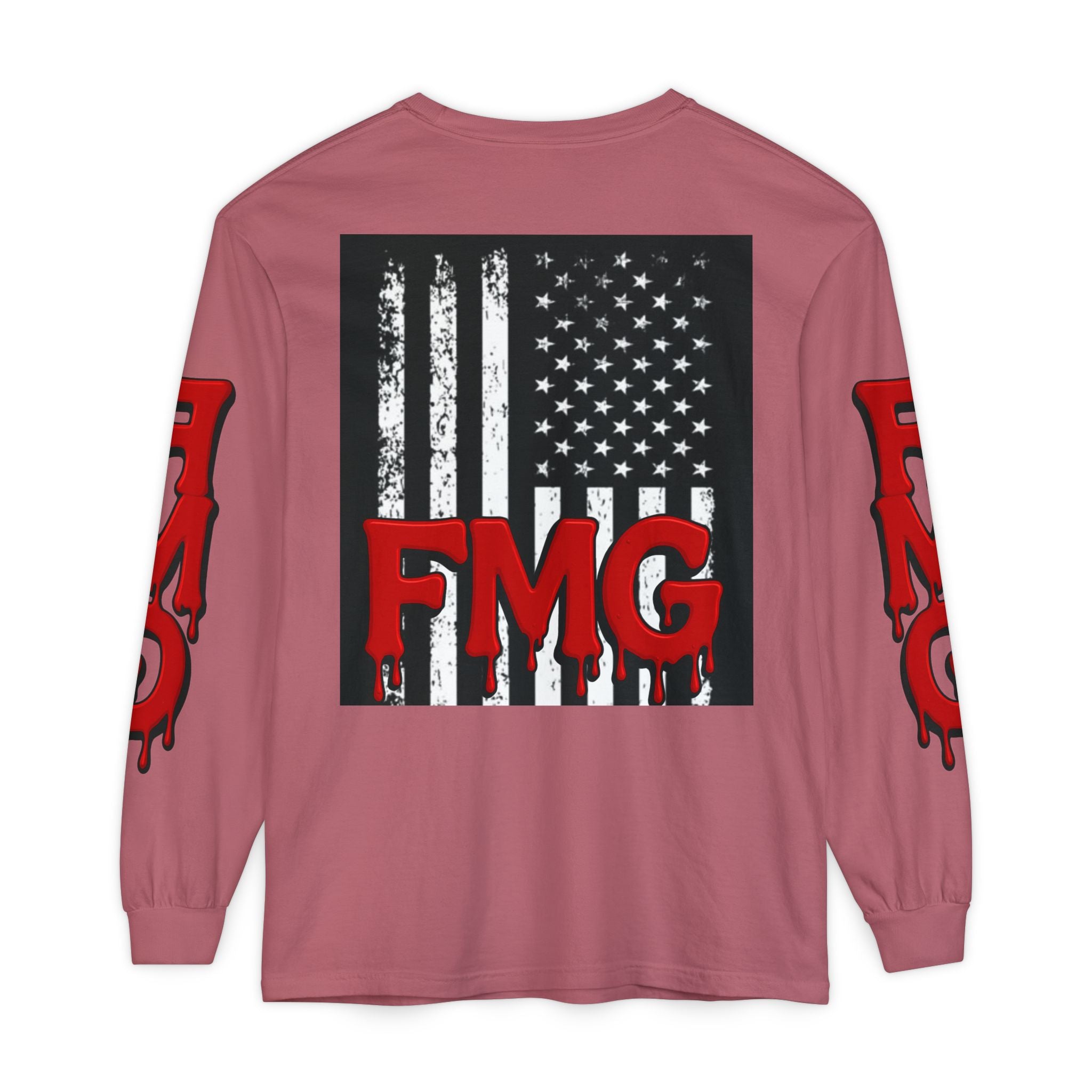 Long Sleeve T-Shirt — Distressed American Flag with Dripping "FMG" Sleeves