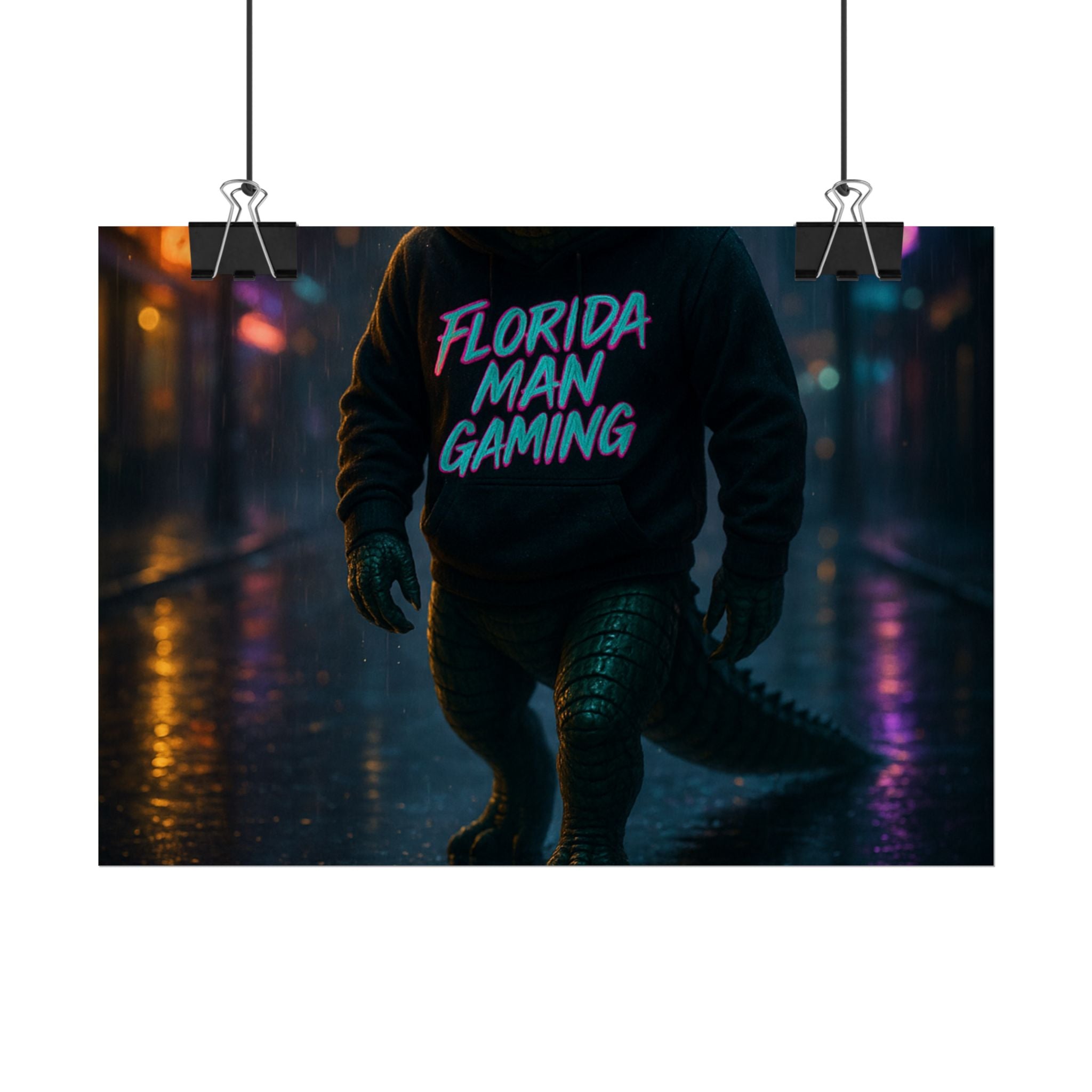Rolled Posters - Florida Man Gaming Alligator Neon Cyberpunk Scene