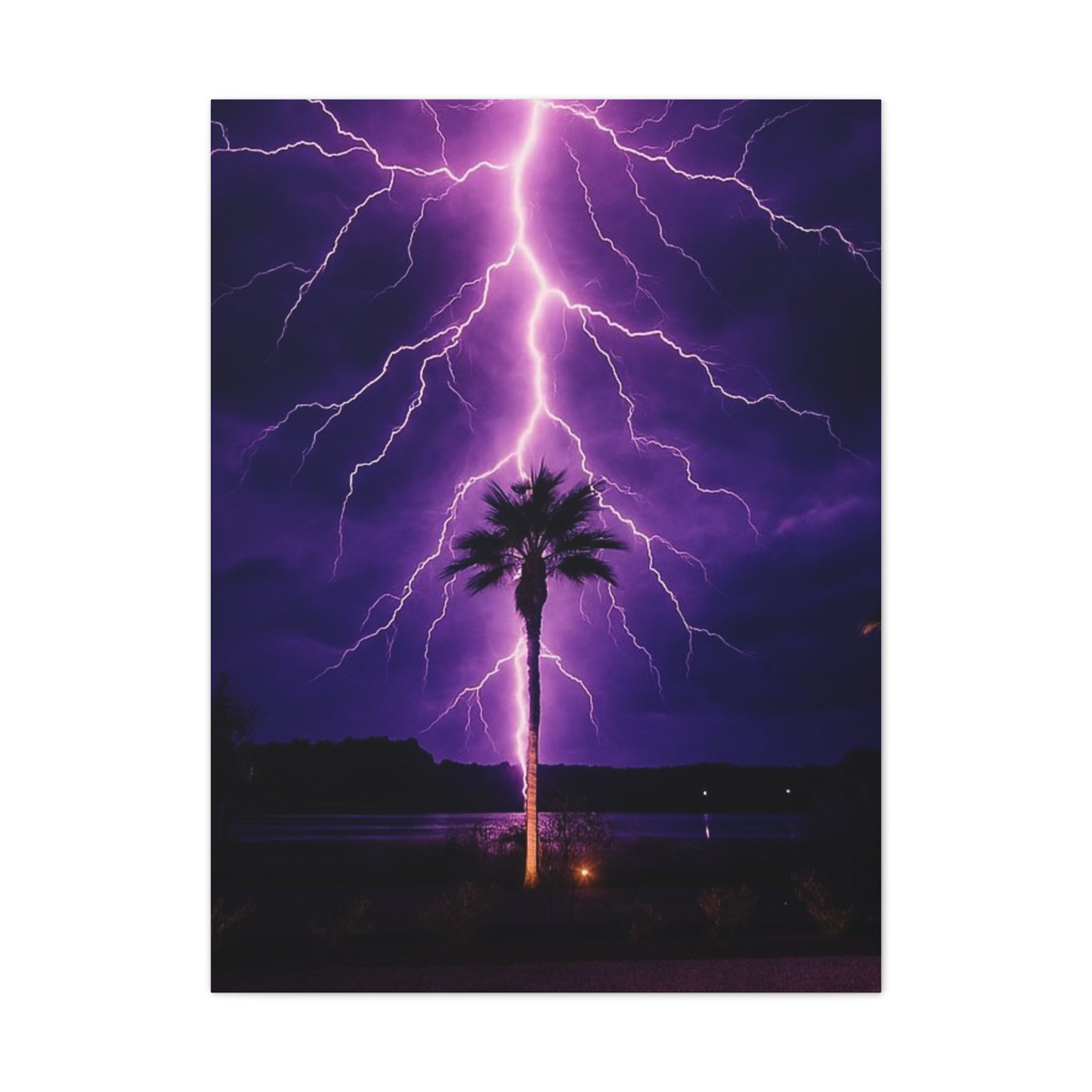 Purple Lightning Palm Tree Canvas Wall Art — Storm Photography Stretched Canvas