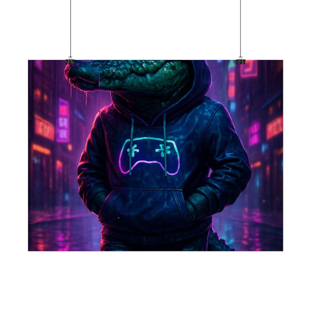 Rolled Posters - Florida Man Gaming Alligator Neon Gamer Hoodie Poster Print