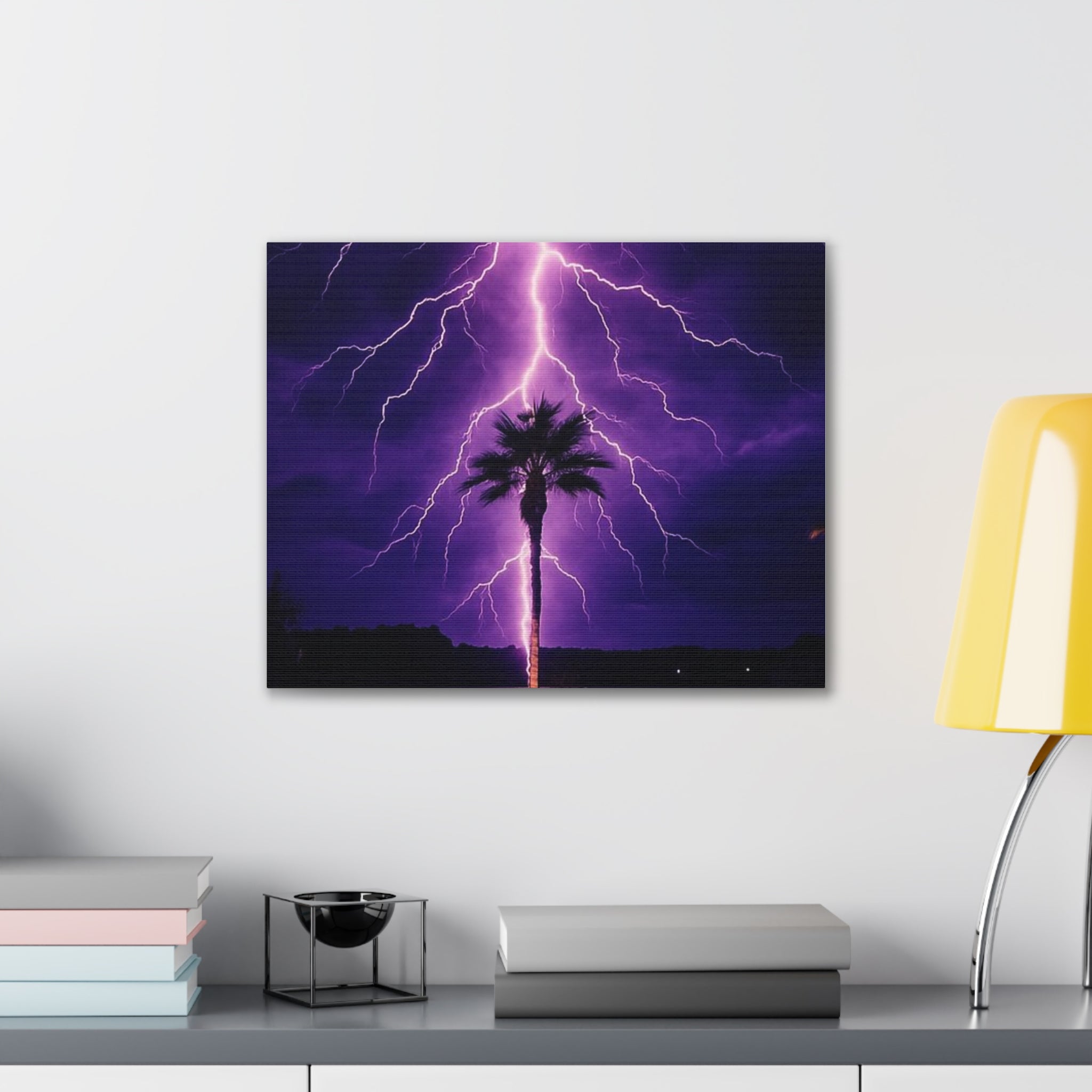 Purple Lightning Palm Tree Canvas Wall Art — Storm Photography Stretched Canvas