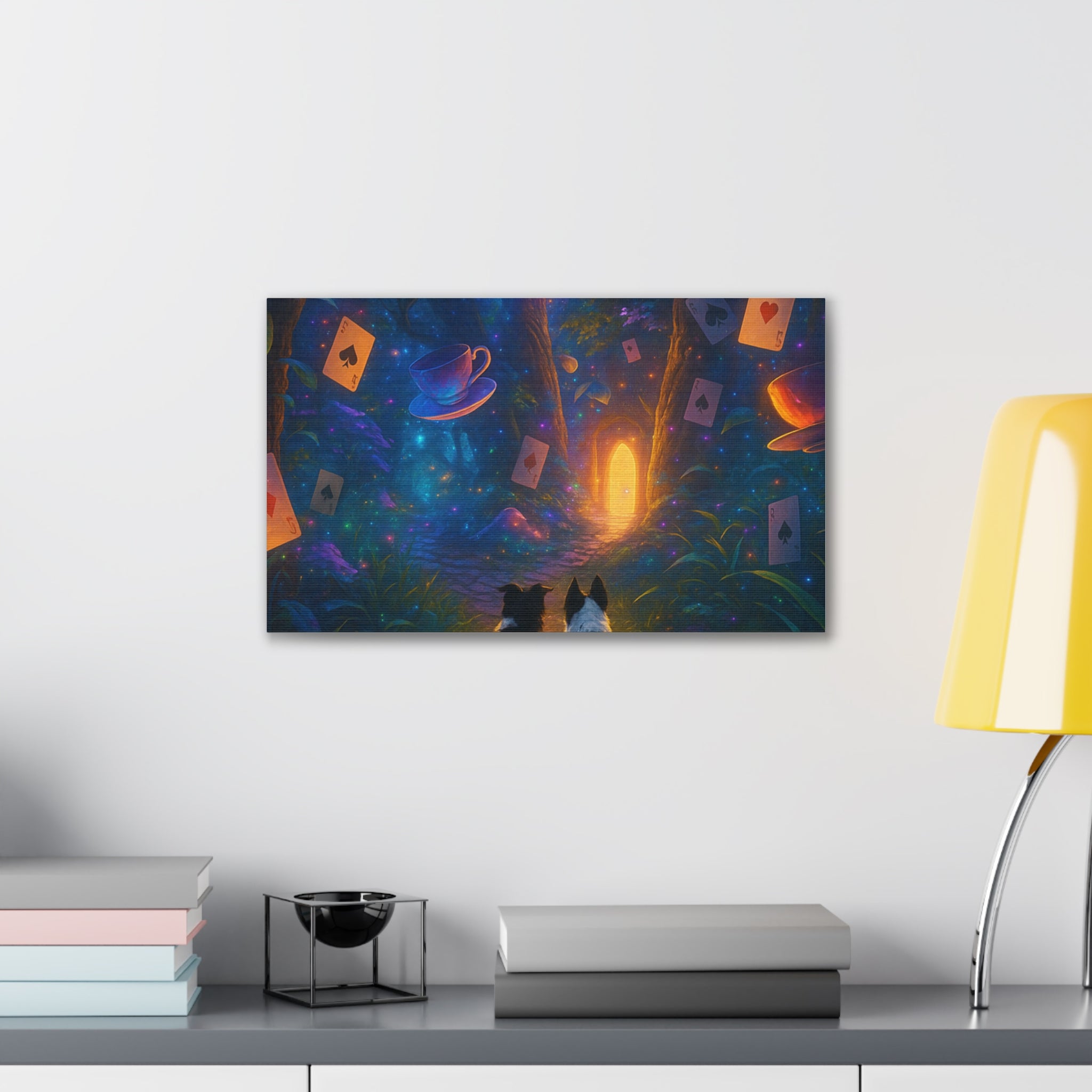 Magic Forest Canvas Wall Art — Dogs Exploring Wonderland with Glowing Door & Floating Playing Cards
