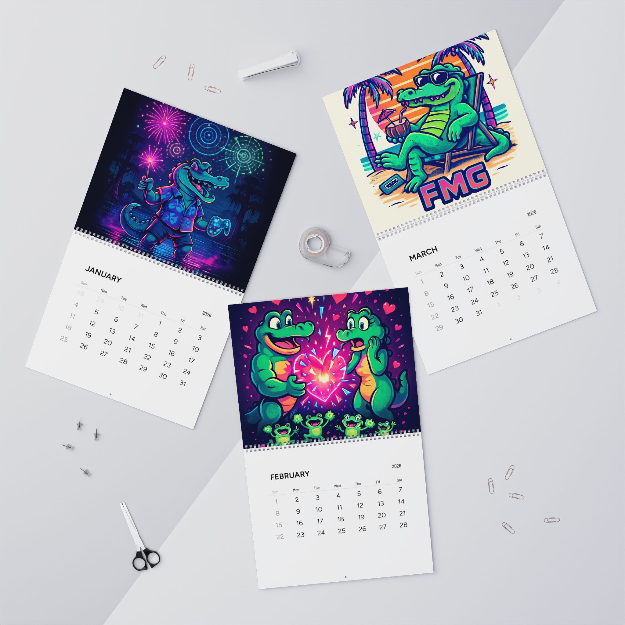 2026 Neon Alligator Art Wall Calendar — Funky Retro Aesthetic Monthly Planner