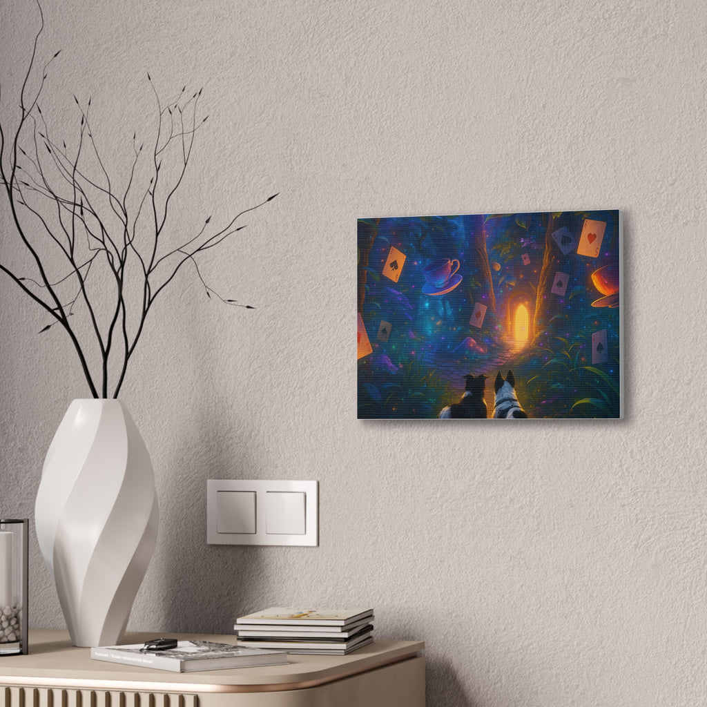 Magic Forest Canvas Wall Art — Dogs Exploring Wonderland with Glowing Door & Floating Playing Cards