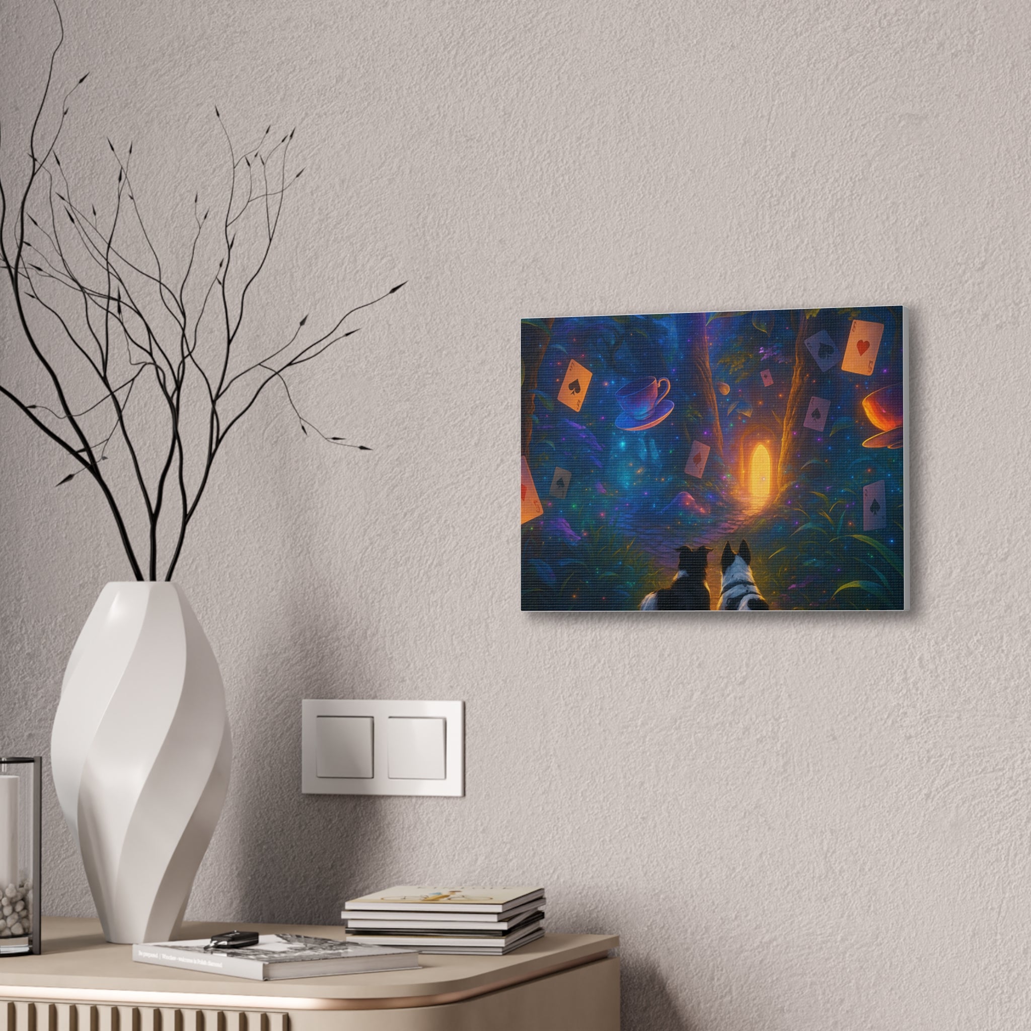 Magic Forest Canvas Wall Art — Dogs Exploring Wonderland with Glowing Door & Floating Playing Cards