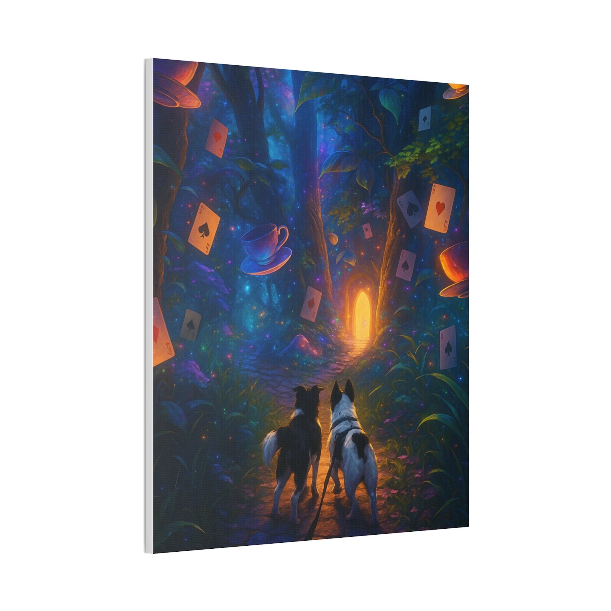 Magic Forest Canvas Wall Art — Dogs Exploring Wonderland with Glowing Door & Floating Playing Cards