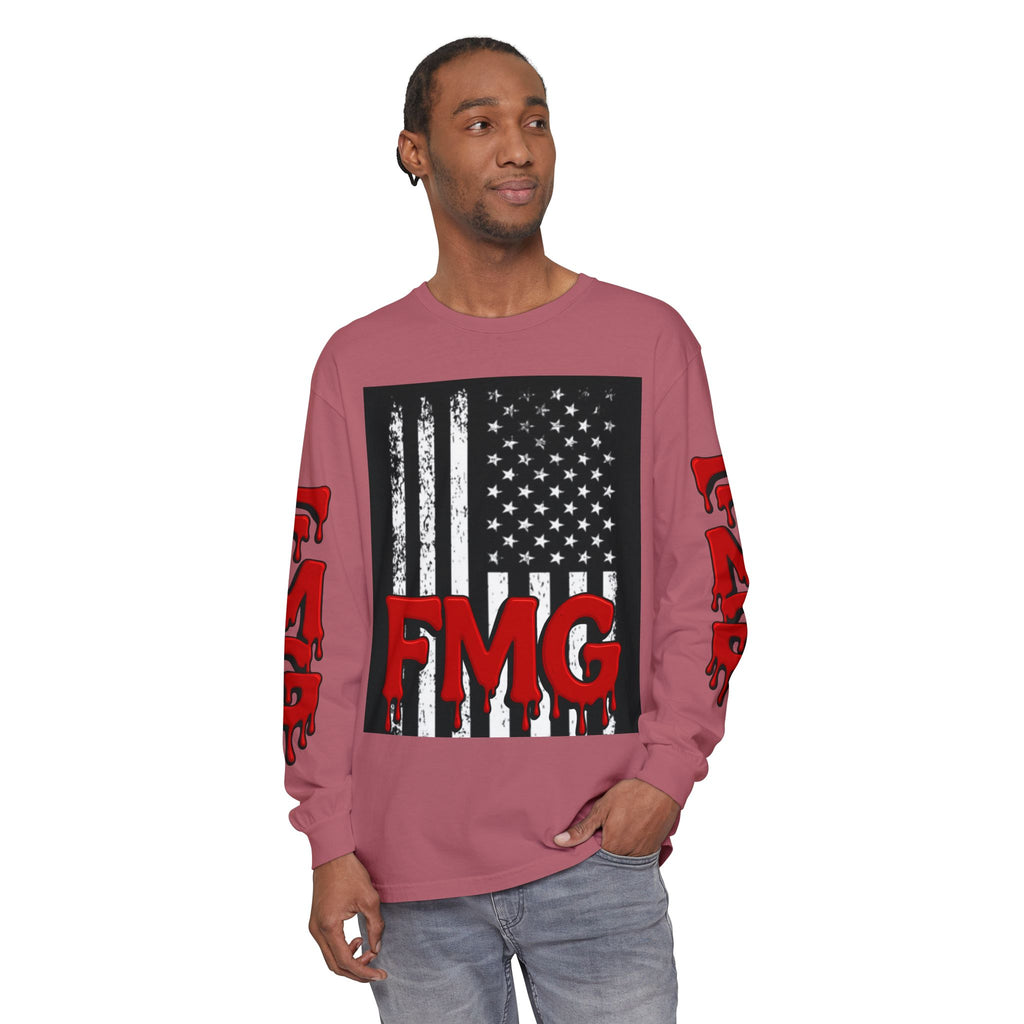 Long Sleeve T-Shirt — Distressed American Flag with Dripping "FMG" Sleeves