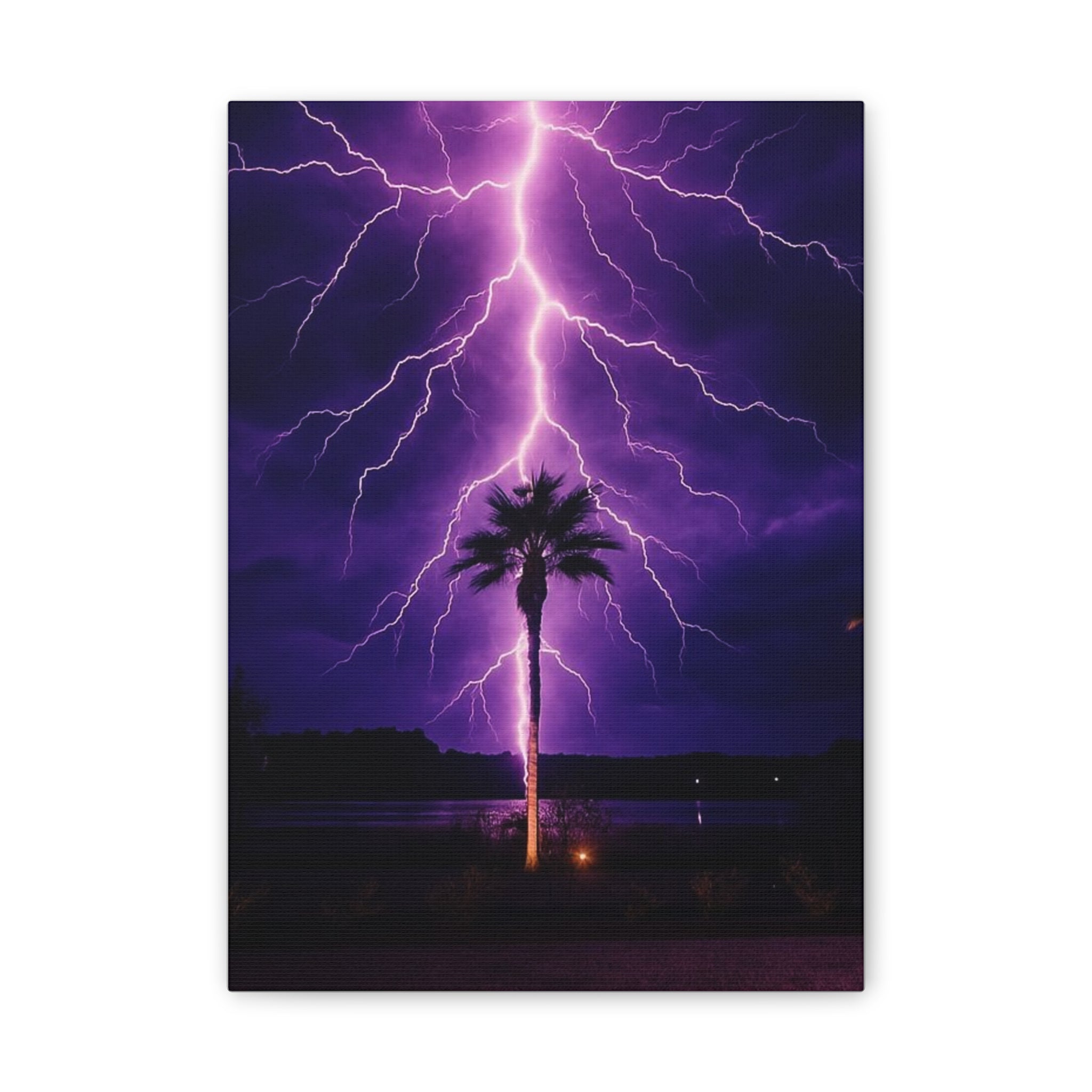 Purple Lightning Palm Tree Canvas Wall Art — Storm Photography Stretched Canvas