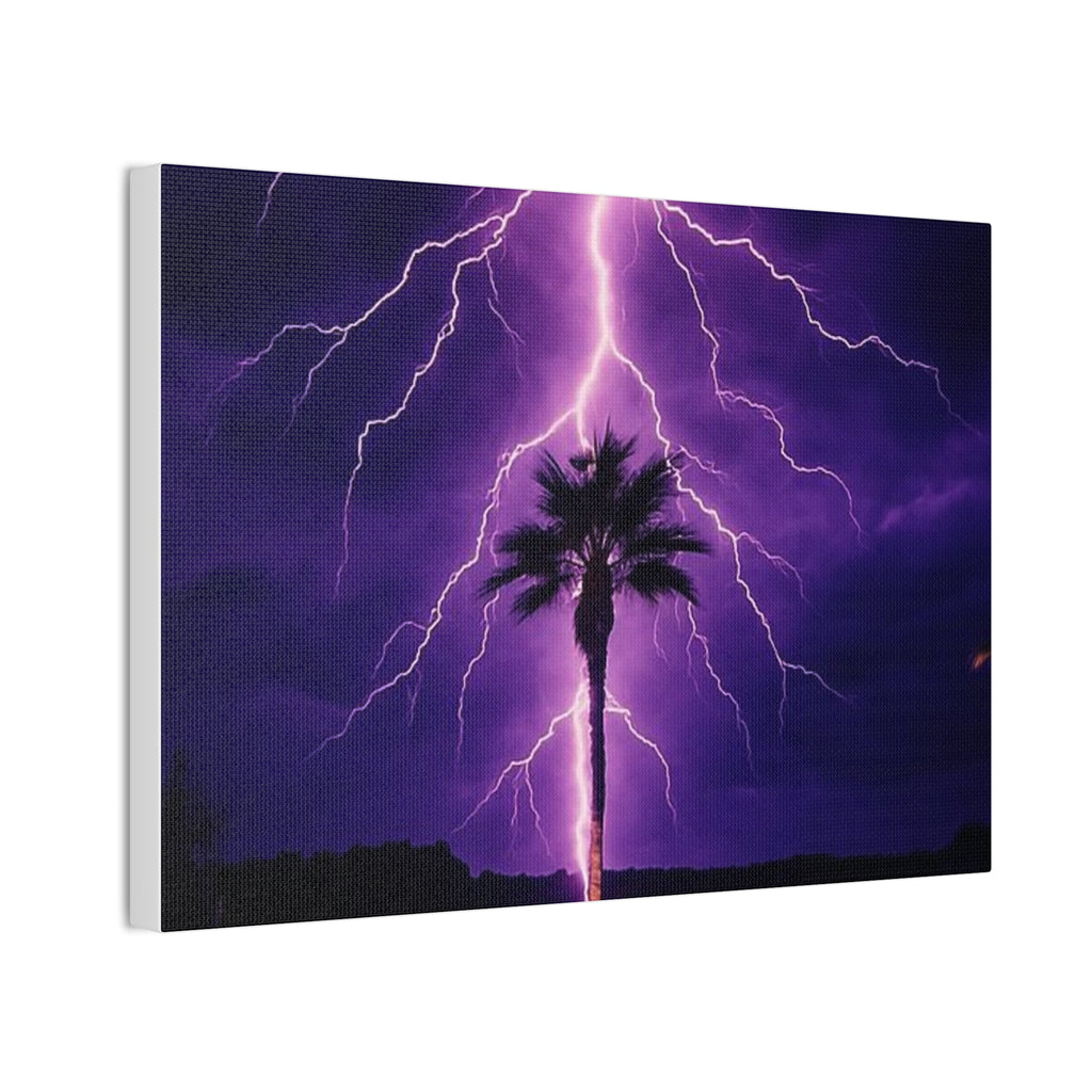 Purple Lightning Palm Tree Canvas Wall Art — Storm Photography Stretched Canvas