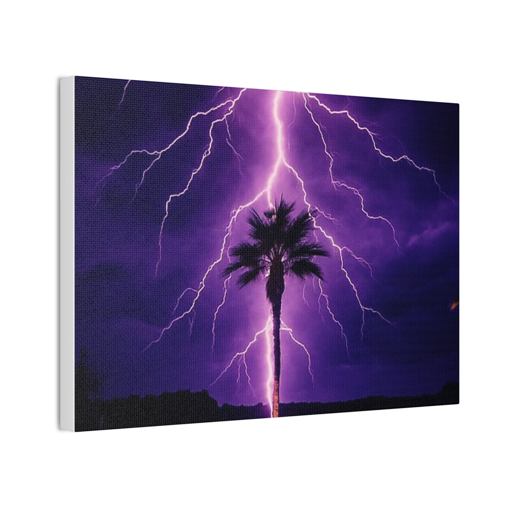 Purple Lightning Palm Tree Canvas Wall Art — Storm Photography Stretched Canvas