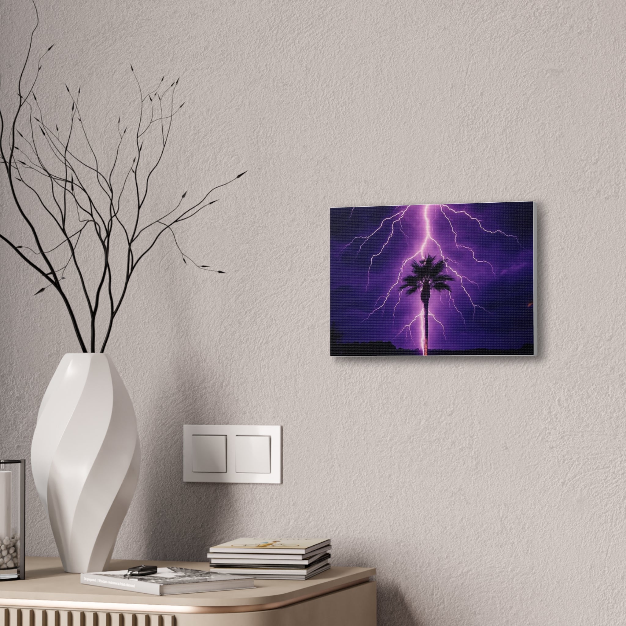 Purple Lightning Palm Tree Canvas Wall Art — Storm Photography Stretched Canvas