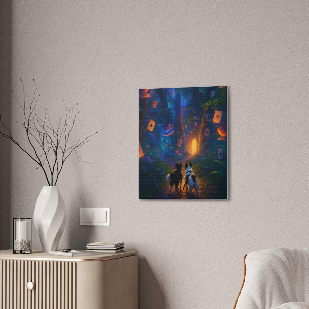 Magic Forest Canvas Wall Art — Dogs Exploring Wonderland with Glowing Door & Floating Playing Cards