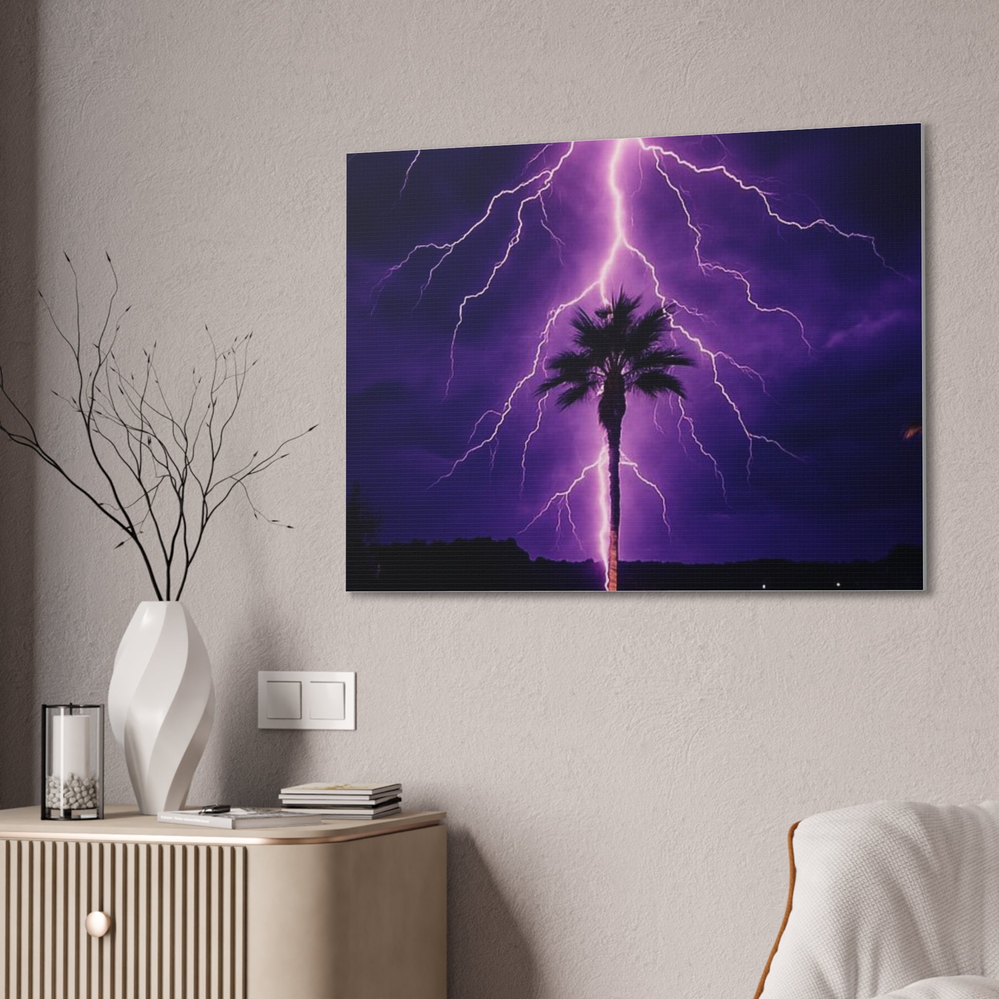 Purple Lightning Palm Tree Canvas Wall Art — Storm Photography Stretched Canvas