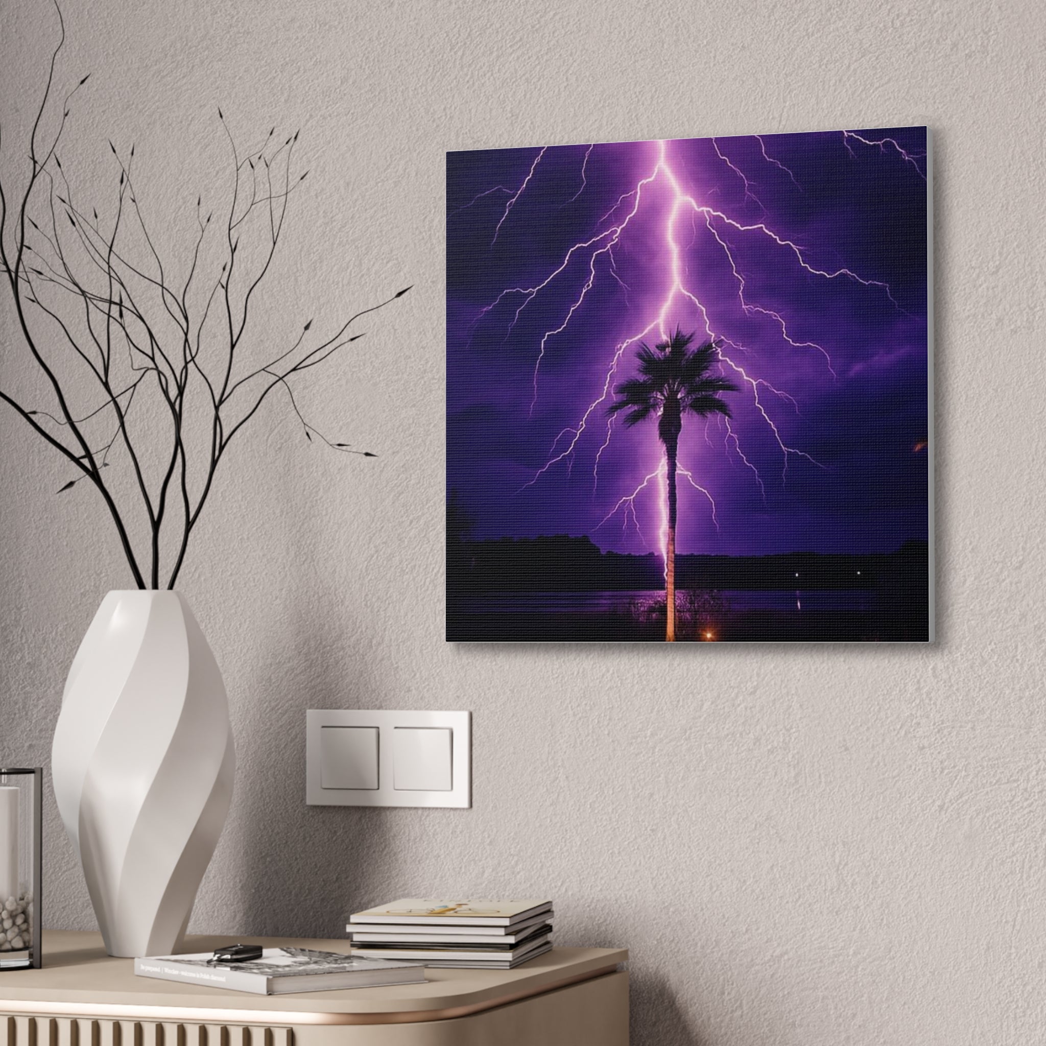 Purple Lightning Palm Tree Canvas Wall Art — Storm Photography Stretched Canvas