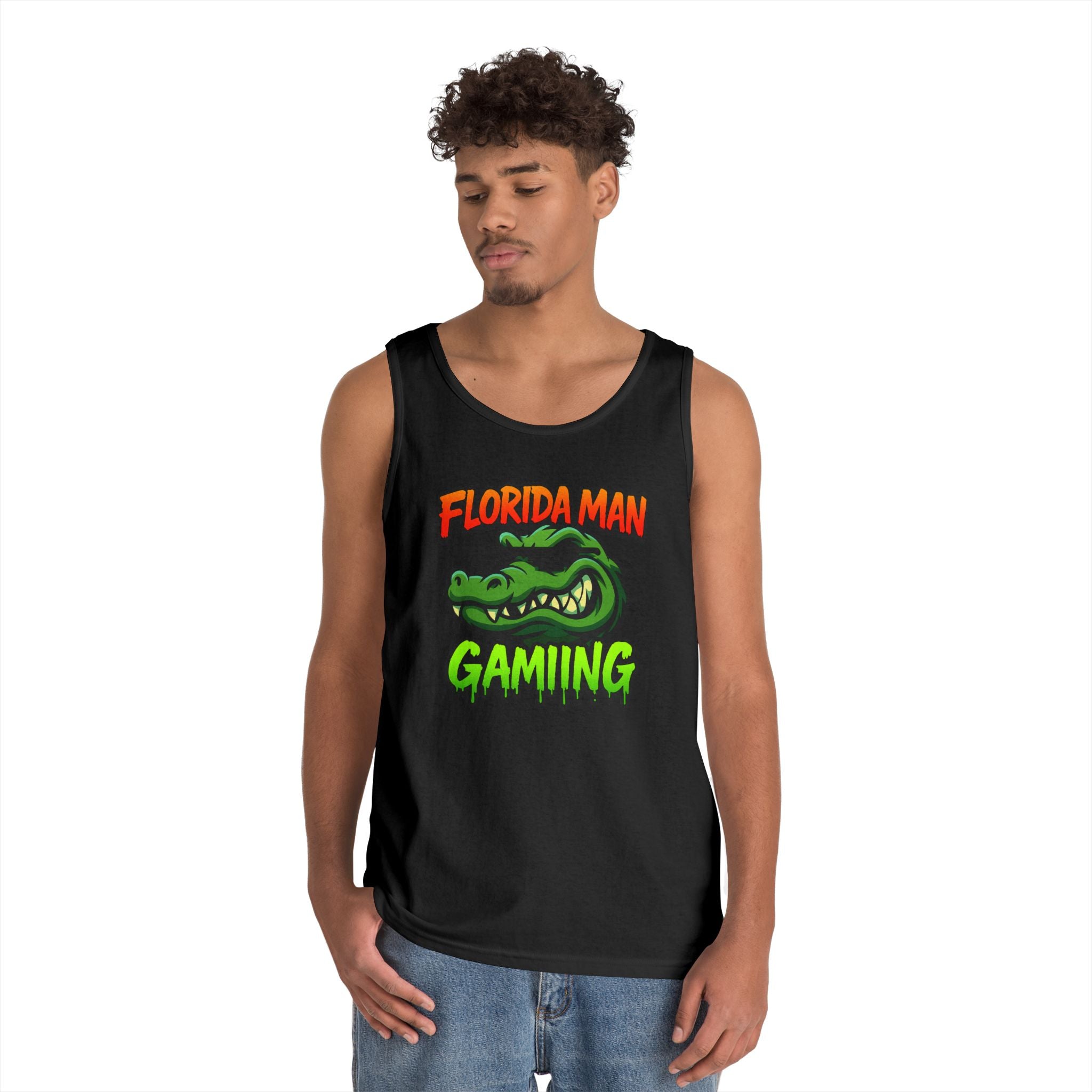 Florida Man Gaming Unisex Heavy Cotton Tank Top, Fun Summer Apparel, Gamer Gift, Casual Wear, Florida Themed Clothing