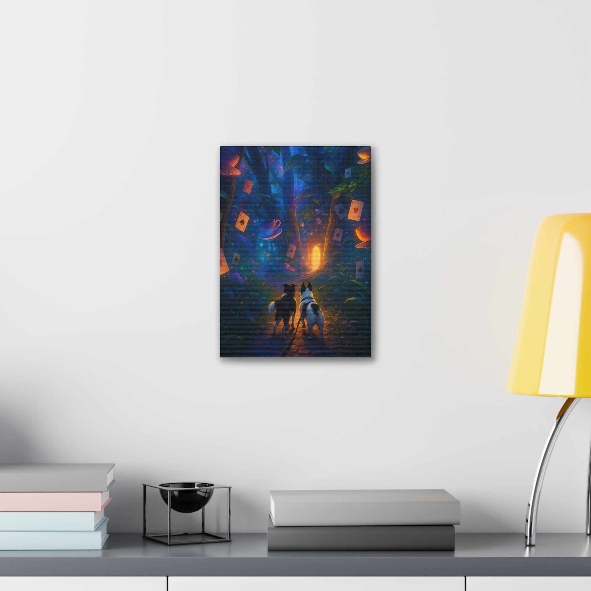 Magic Forest Canvas Wall Art — Dogs Exploring Wonderland with Glowing Door & Floating Playing Cards