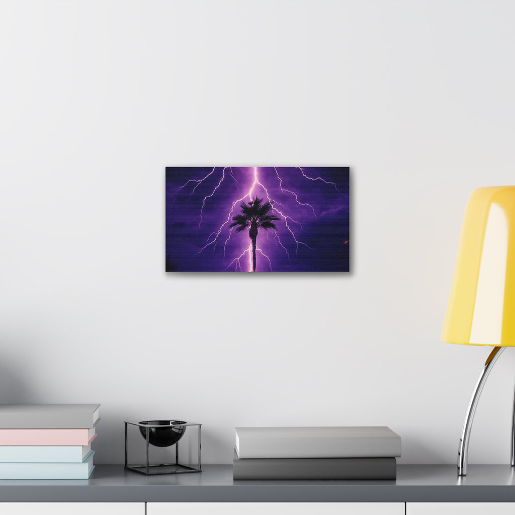 Purple Lightning Palm Tree Canvas Wall Art — Storm Photography Stretched Canvas