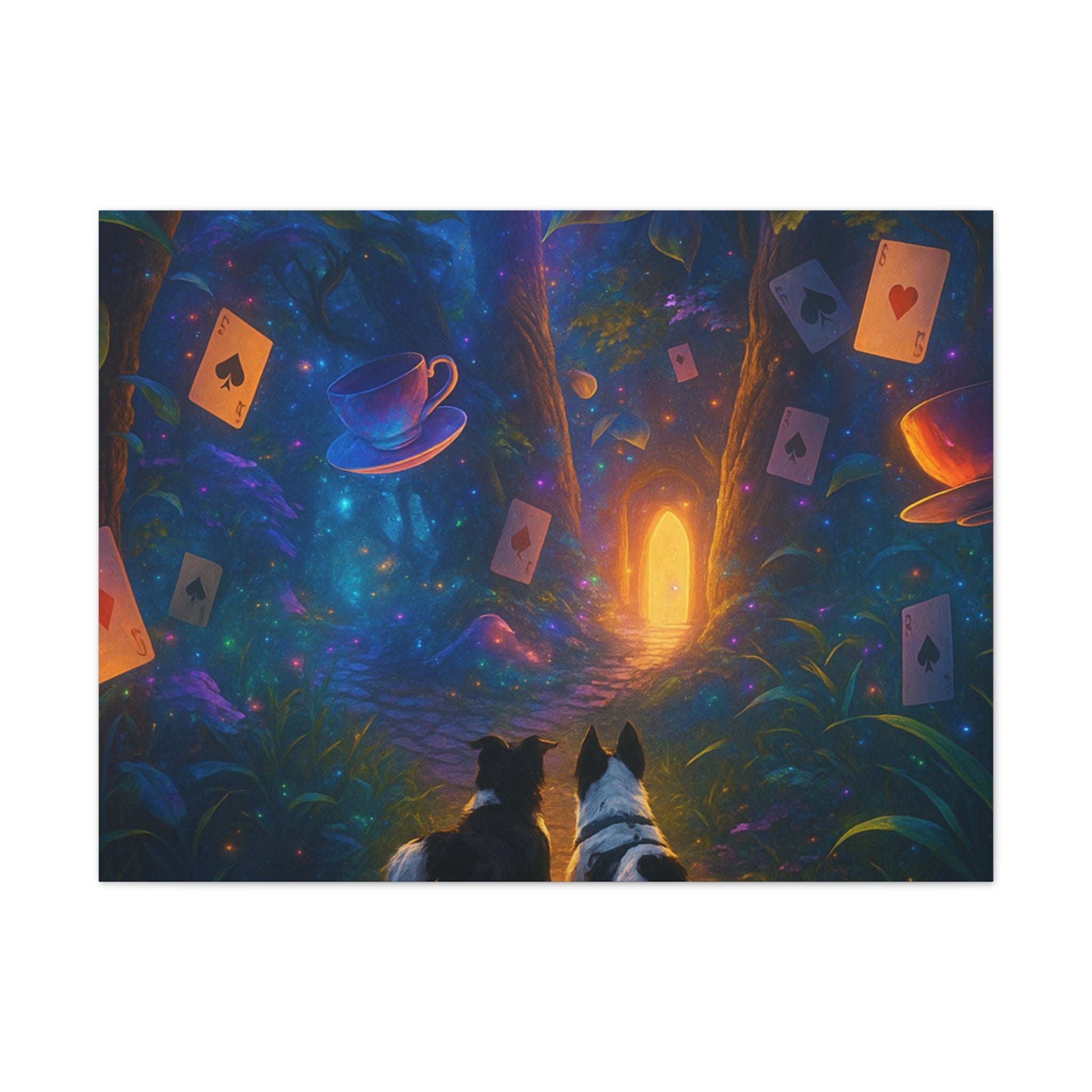 Magic Forest Canvas Wall Art — Dogs Exploring Wonderland with Glowing Door & Floating Playing Cards
