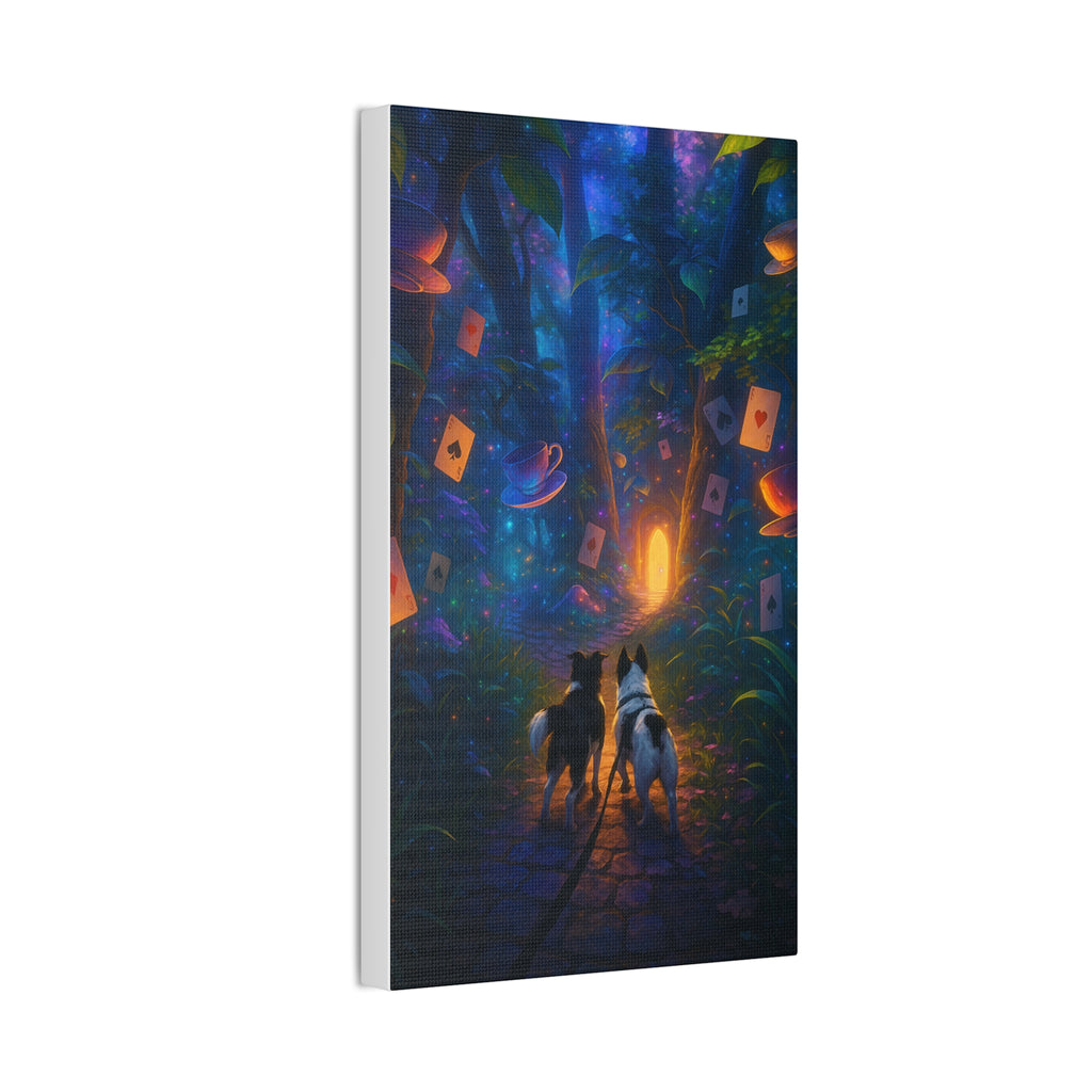 Magic Forest Canvas Wall Art — Dogs Exploring Wonderland with Glowing Door & Floating Playing Cards