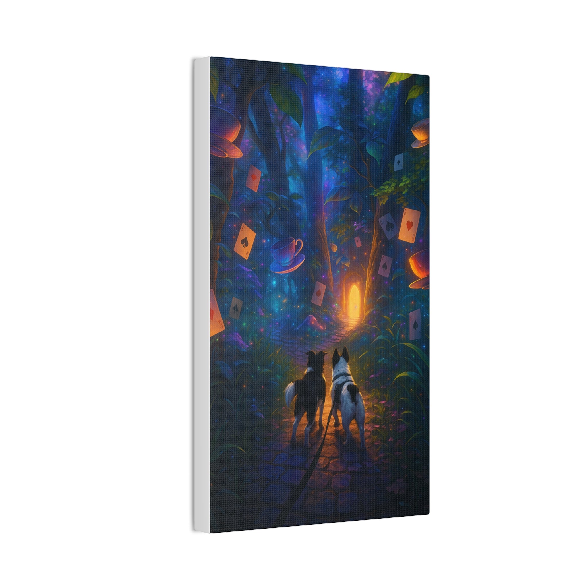 Magic Forest Canvas Wall Art — Dogs Exploring Wonderland with Glowing Door & Floating Playing Cards