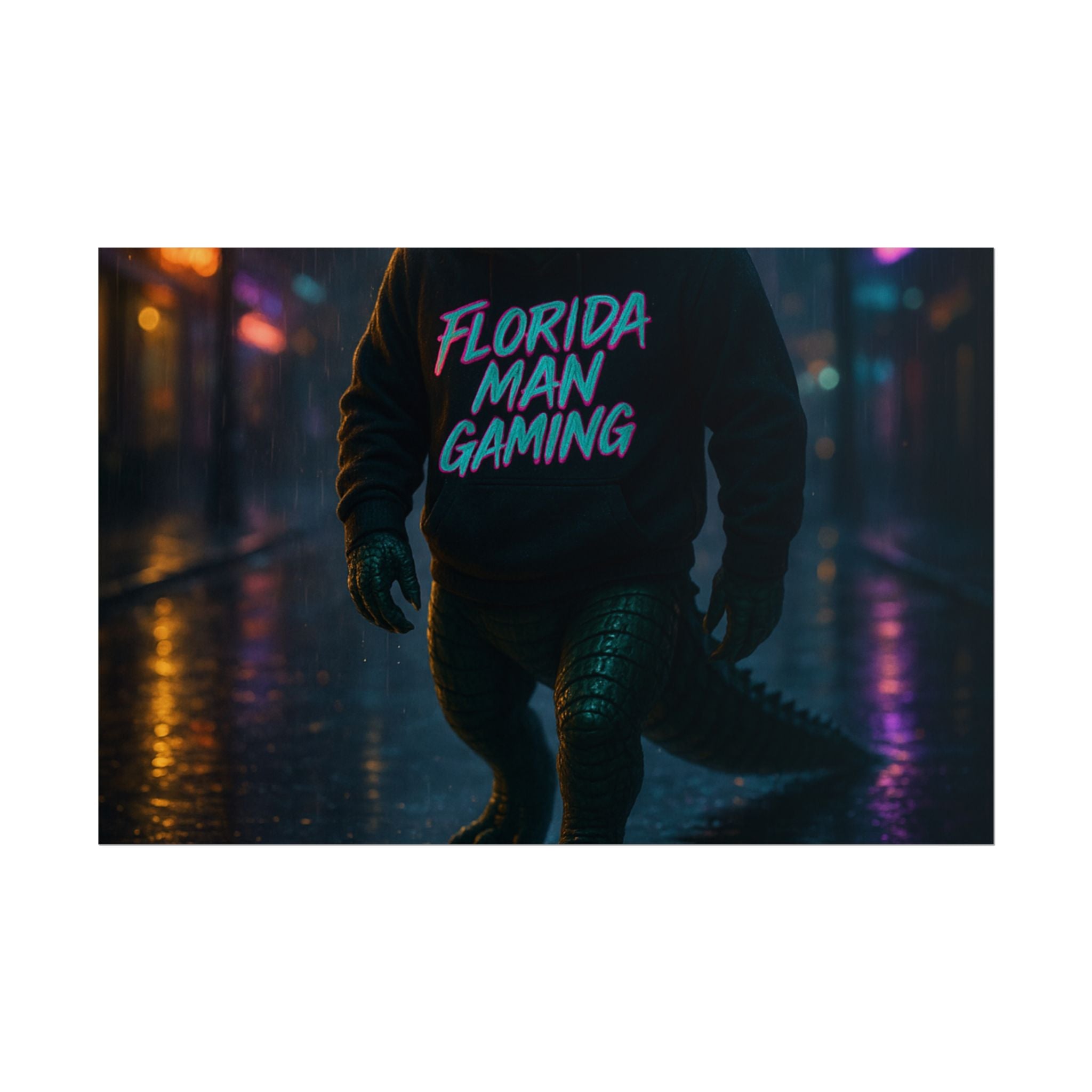 Rolled Posters - Florida Man Gaming Alligator Neon Cyberpunk Scene