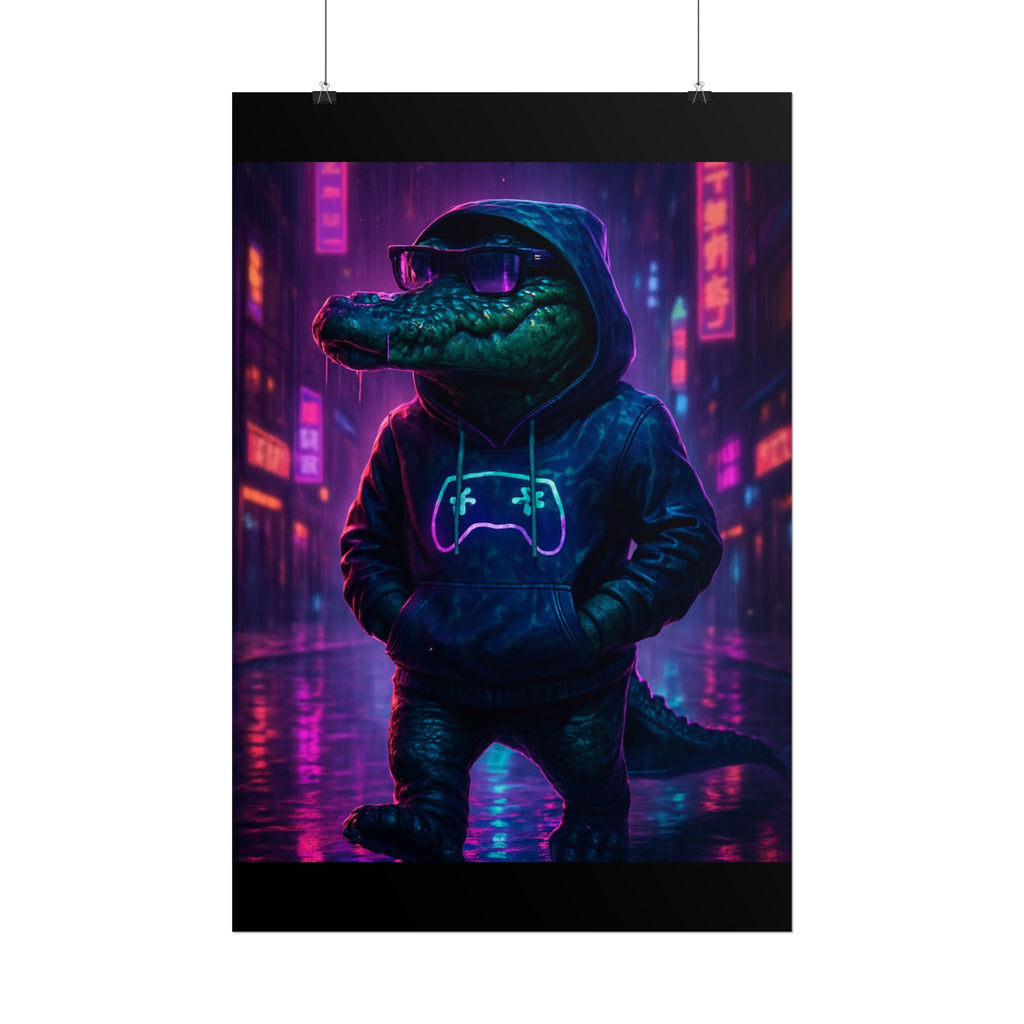 Rolled Posters - Florida Man Gaming Alligator Neon Gamer Hoodie Poster Print