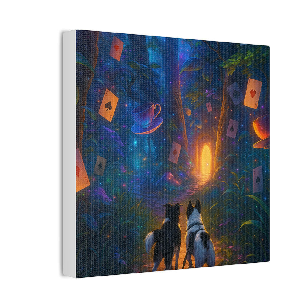 Magic Forest Canvas Wall Art — Dogs Exploring Wonderland with Glowing Door & Floating Playing Cards