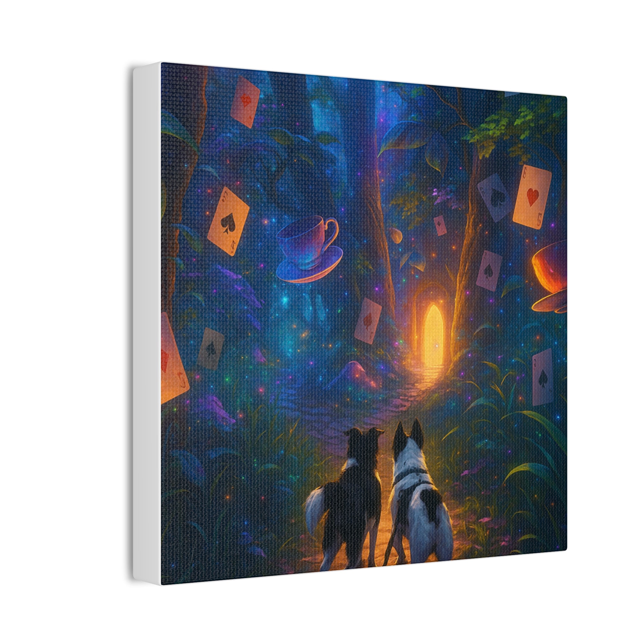 Magic Forest Canvas Wall Art — Dogs Exploring Wonderland with Glowing Door & Floating Playing Cards