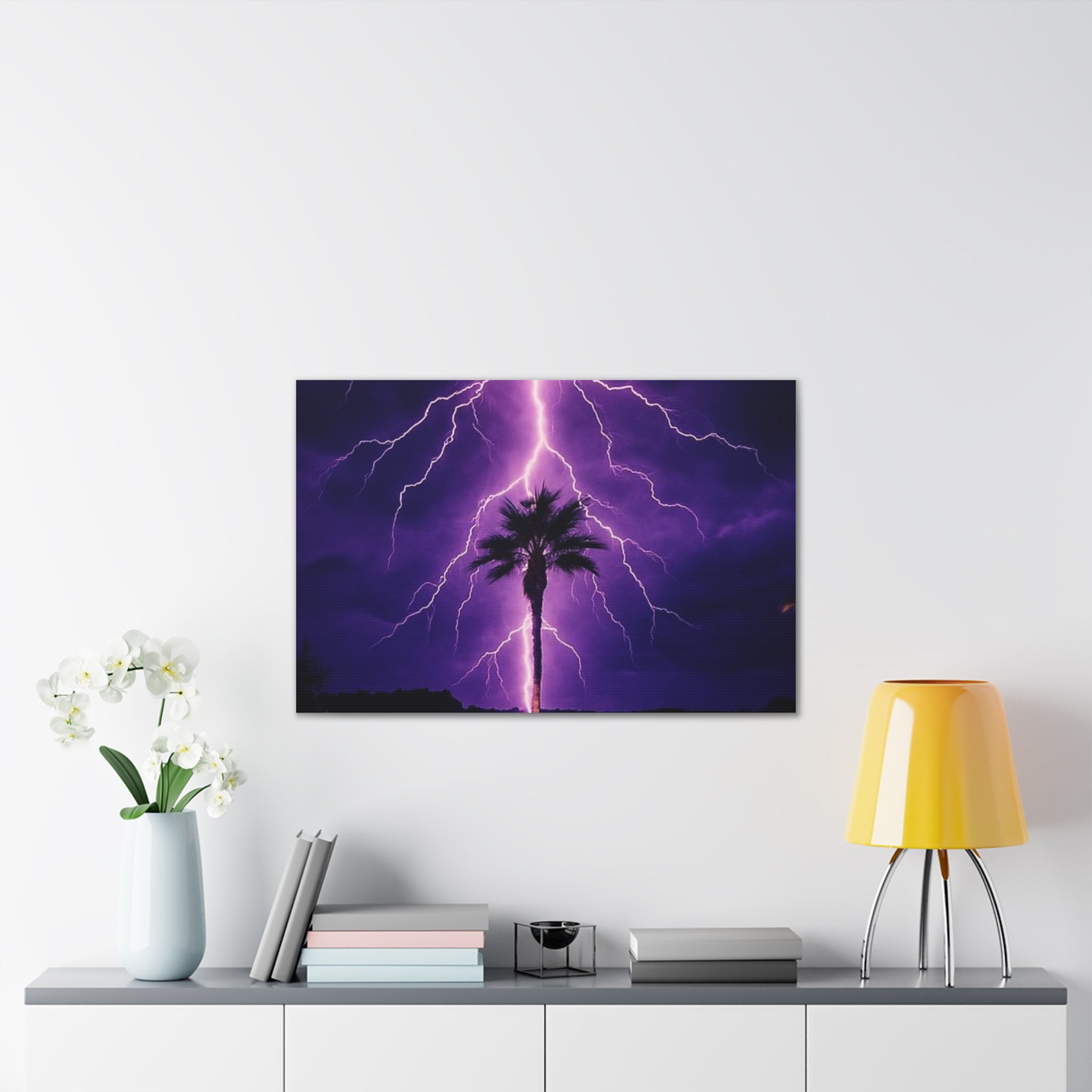 Purple Lightning Palm Tree Canvas Wall Art — Storm Photography Stretched Canvas