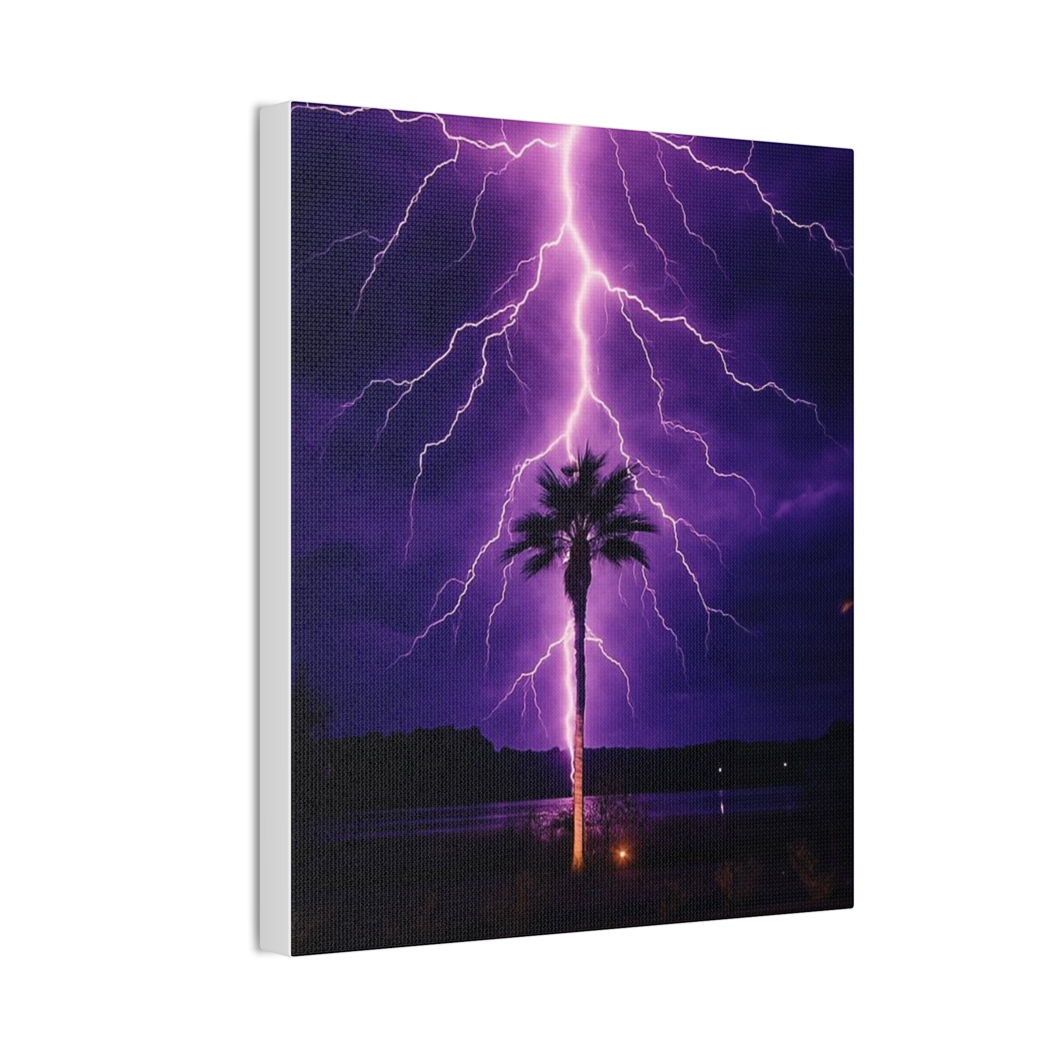 Purple Lightning Palm Tree Canvas Wall Art — Storm Photography Stretched Canvas