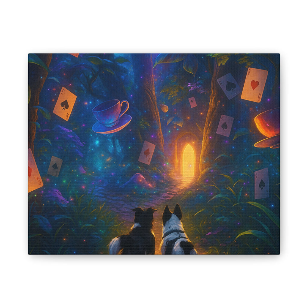 Magic Forest Canvas Wall Art — Dogs Exploring Wonderland with Glowing Door & Floating Playing Cards